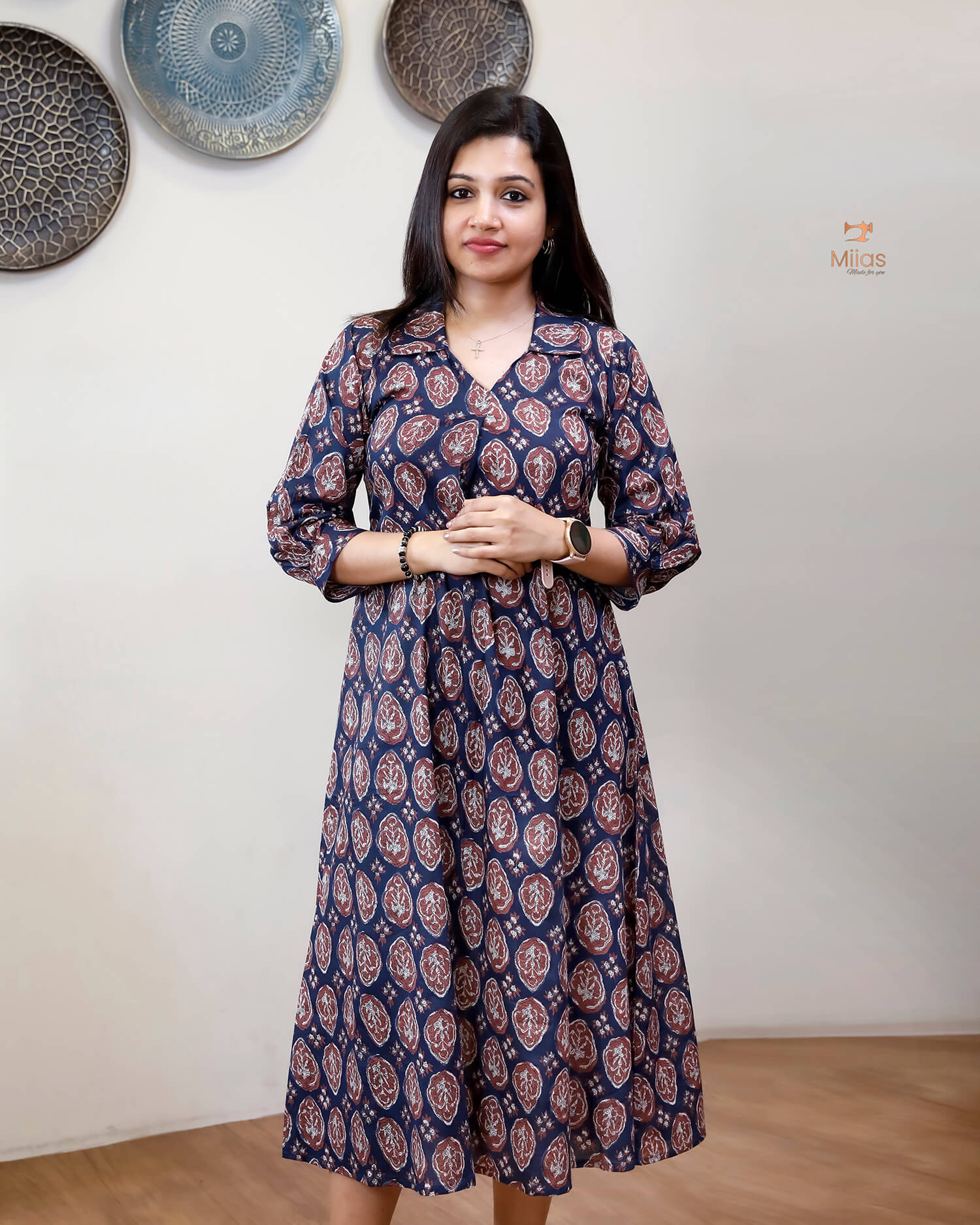 Cotton Handblock Kurti | Shirt Collar Pleated | Blue