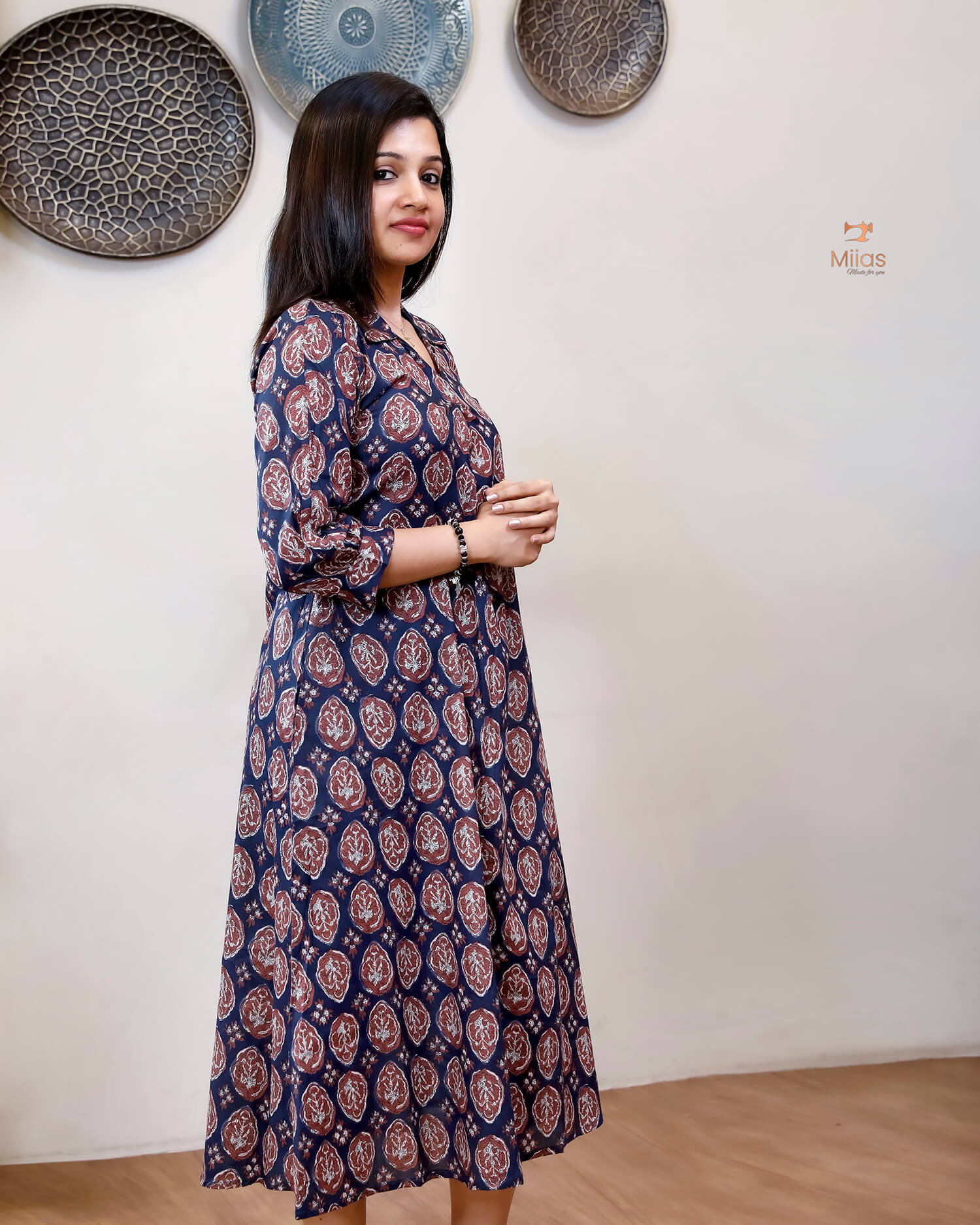 Cotton Handblock Kurti | Shirt Collar Pleated | Blue