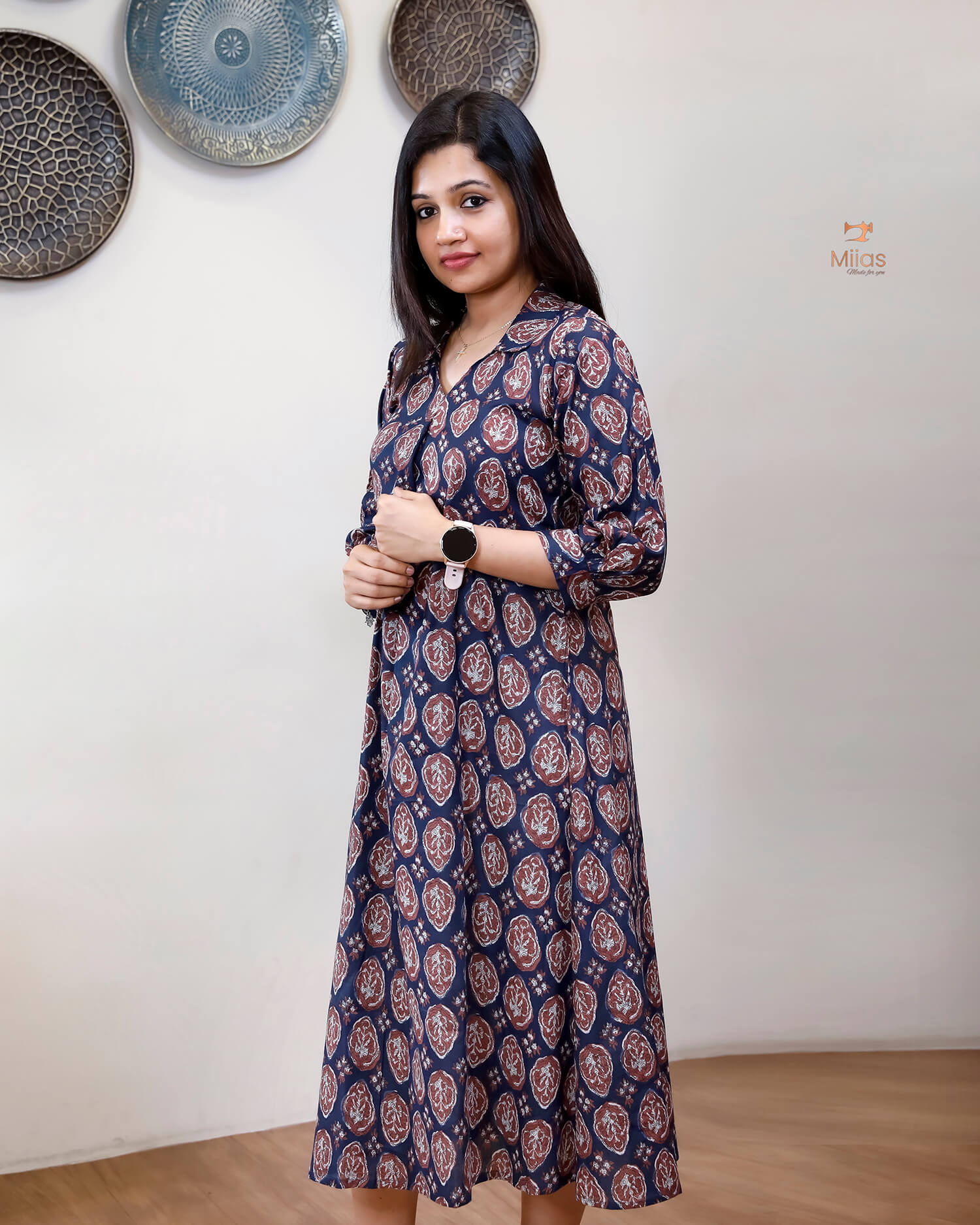 Cotton Handblock Kurti | Shirt Collar Pleated | Blue