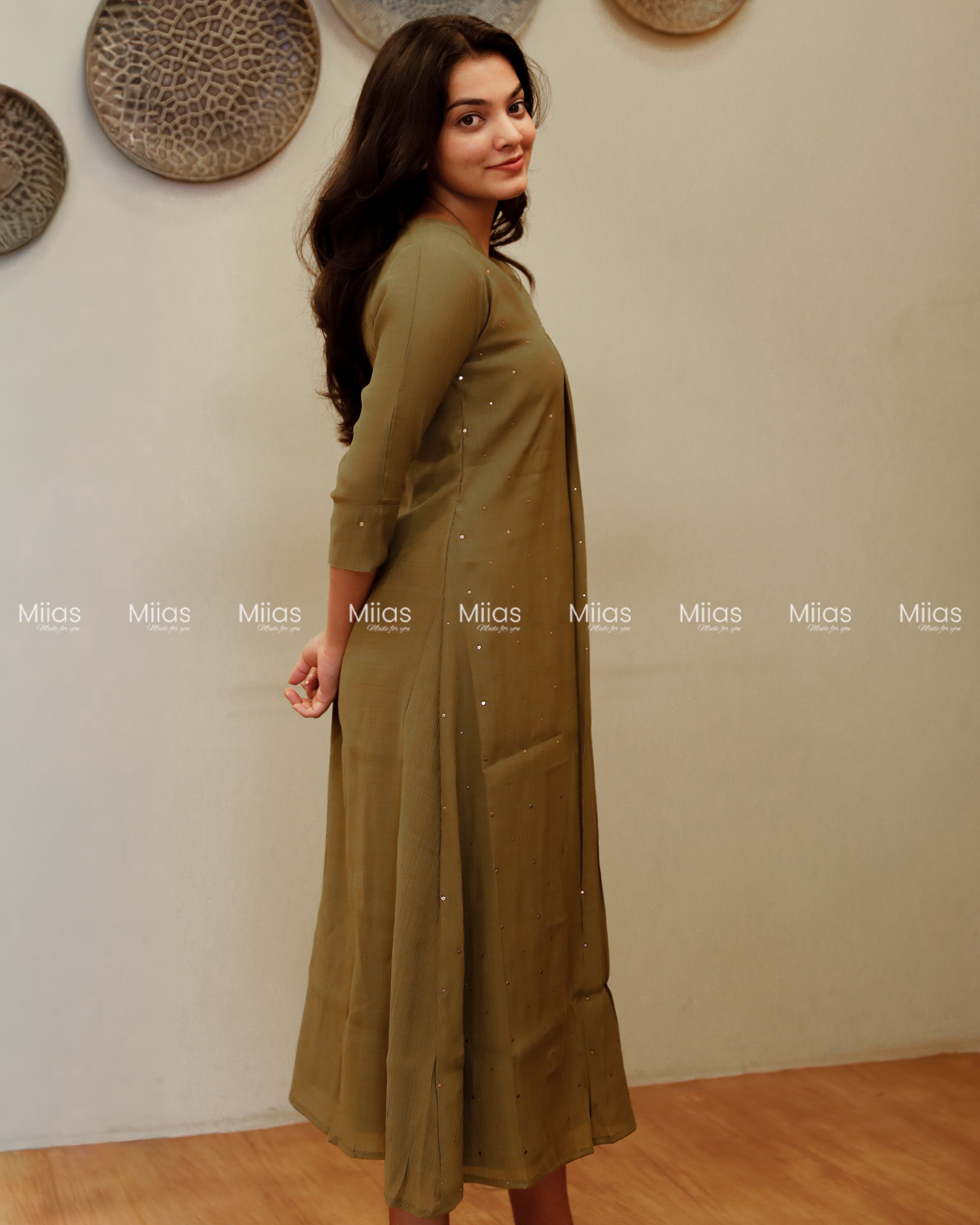 Dhara Silk Dress Kurti | Mukaish Front + Pleats + V-Neck | Olive Green