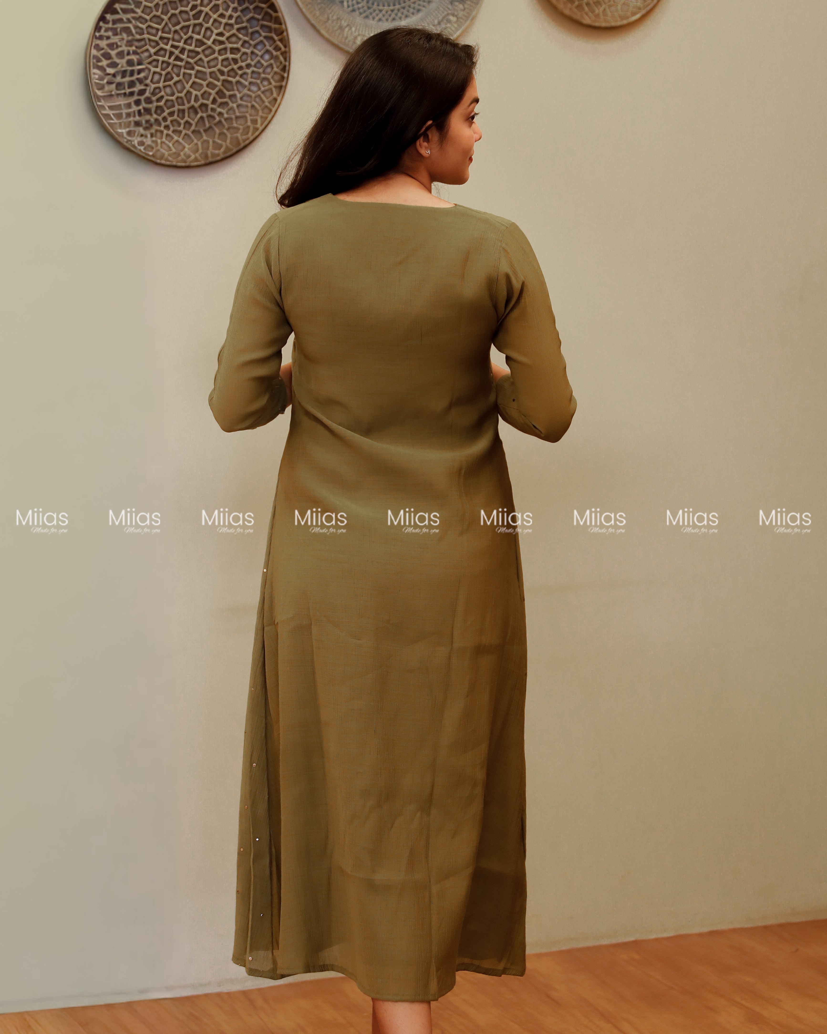 Dhara Silk Dress Kurti | Mukaish Front + Pleats + V-Neck | Olive Green