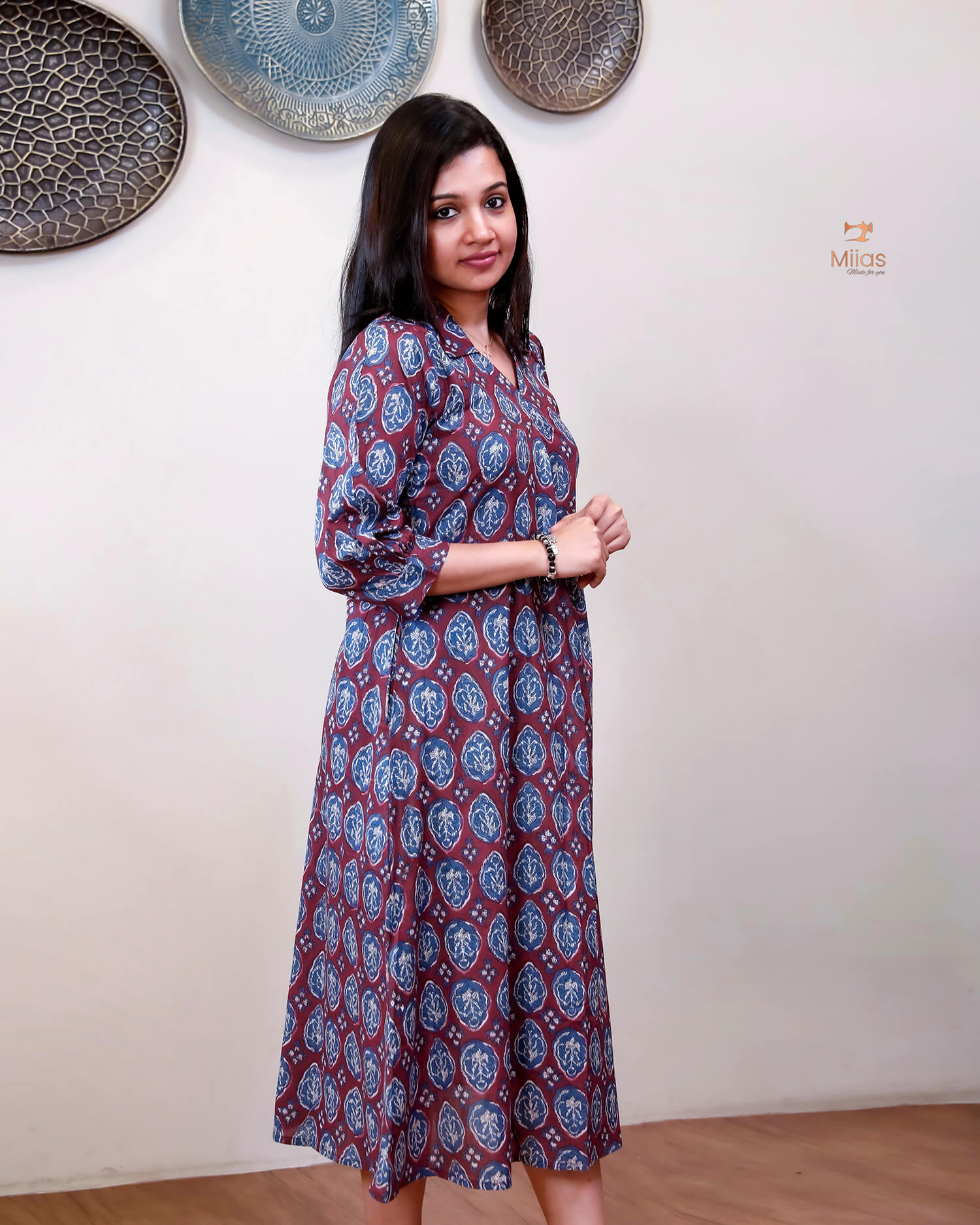 Cotton Handblock Kurti | Shirt Collar Pleated | Maroon