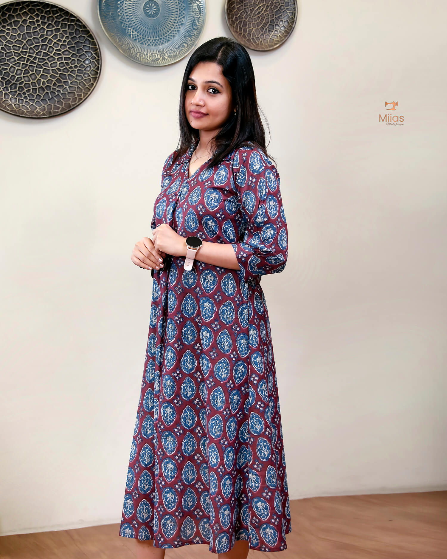 Cotton Handblock Kurti | Shirt Collar Pleated | Maroon