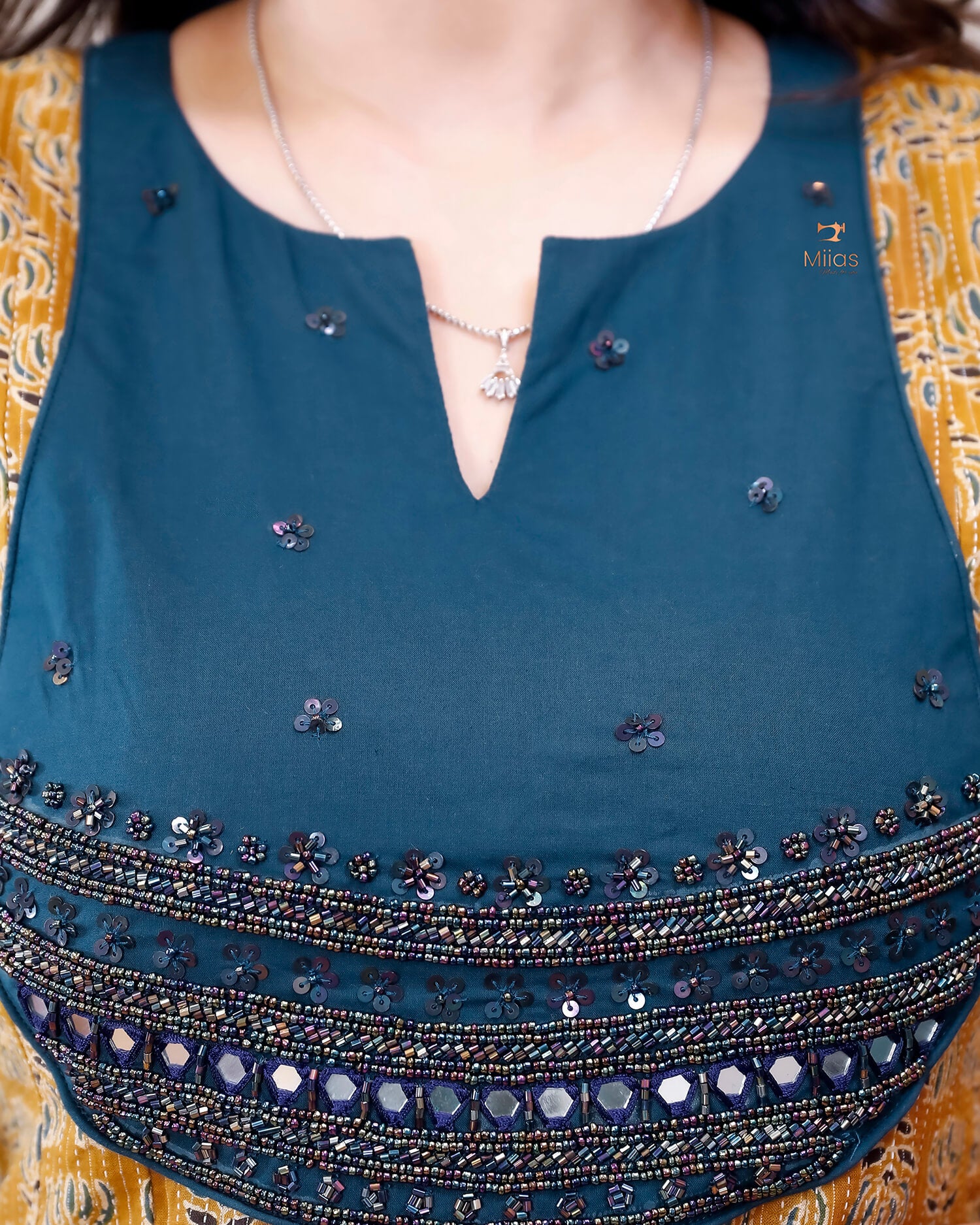 Cotton Kantha Kurti: Cut Beads, Mirror Work, Contrast Trim-Light Mustard Yellow.