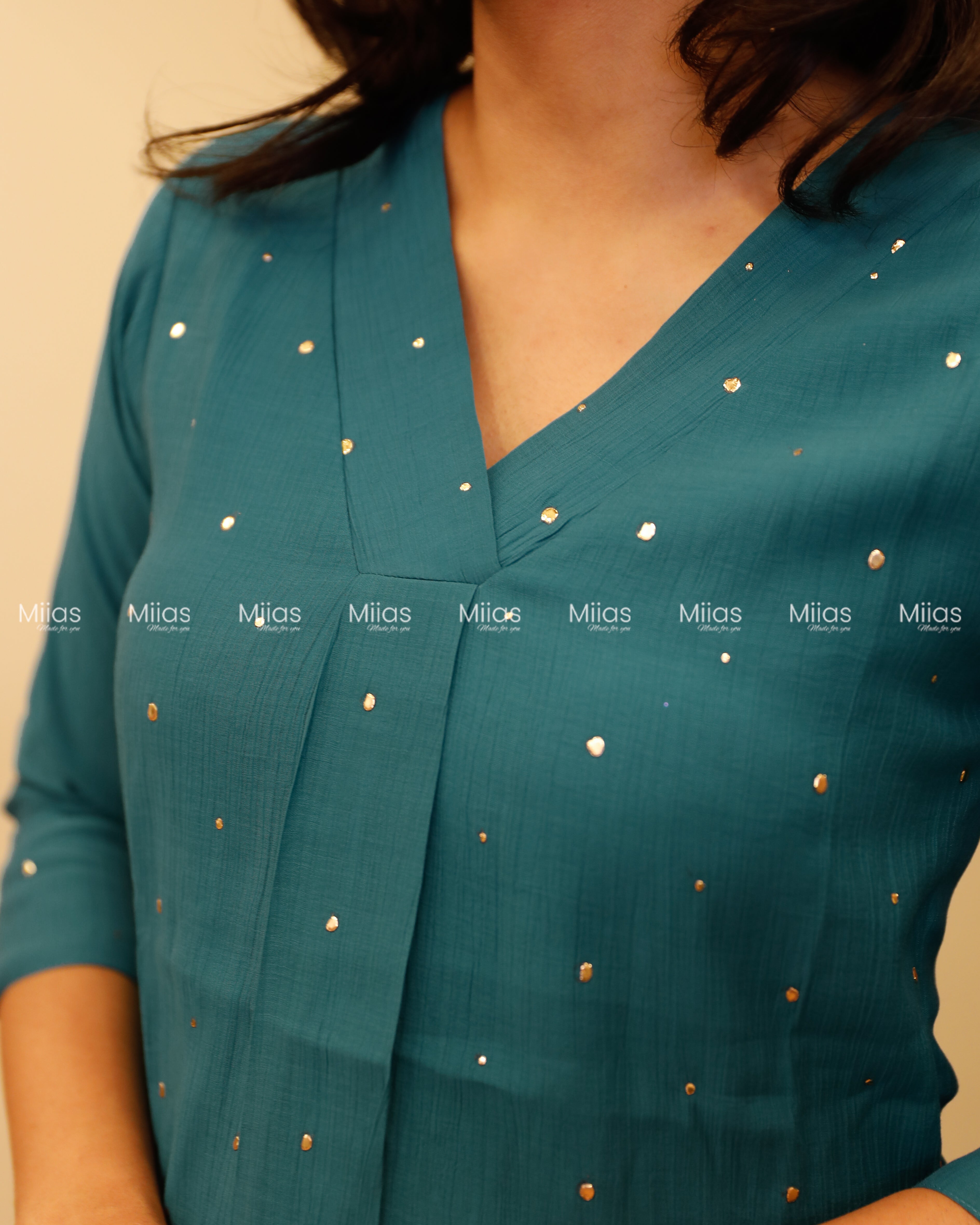 Dhara Silk Dress Kurti | Mukaish Front + Pleats + V-Neck | Deep Turquoise