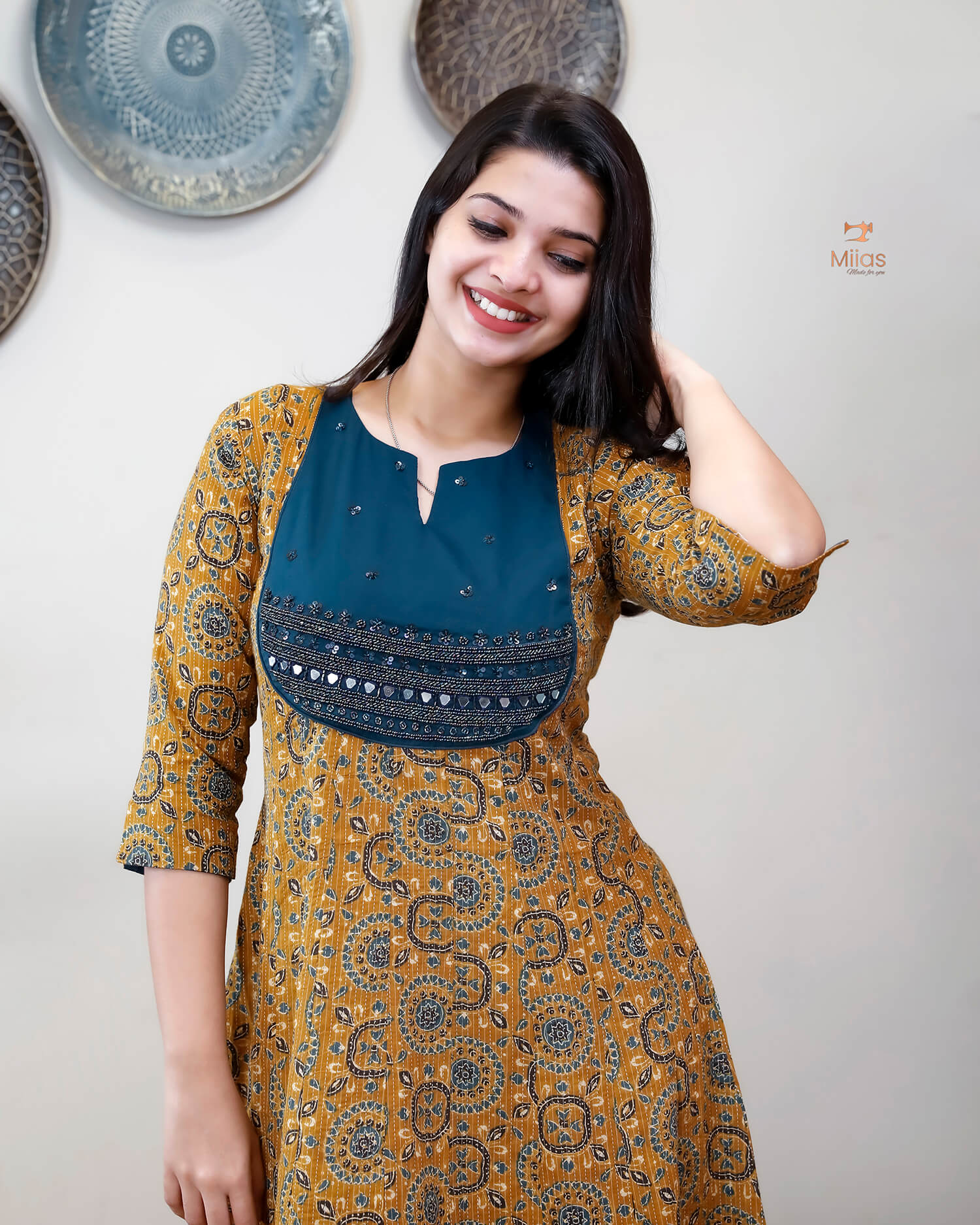 Cotton Kantha Kurti: Cut Beads, Mirror Work, Contrast Trim-Mustard Yellow.