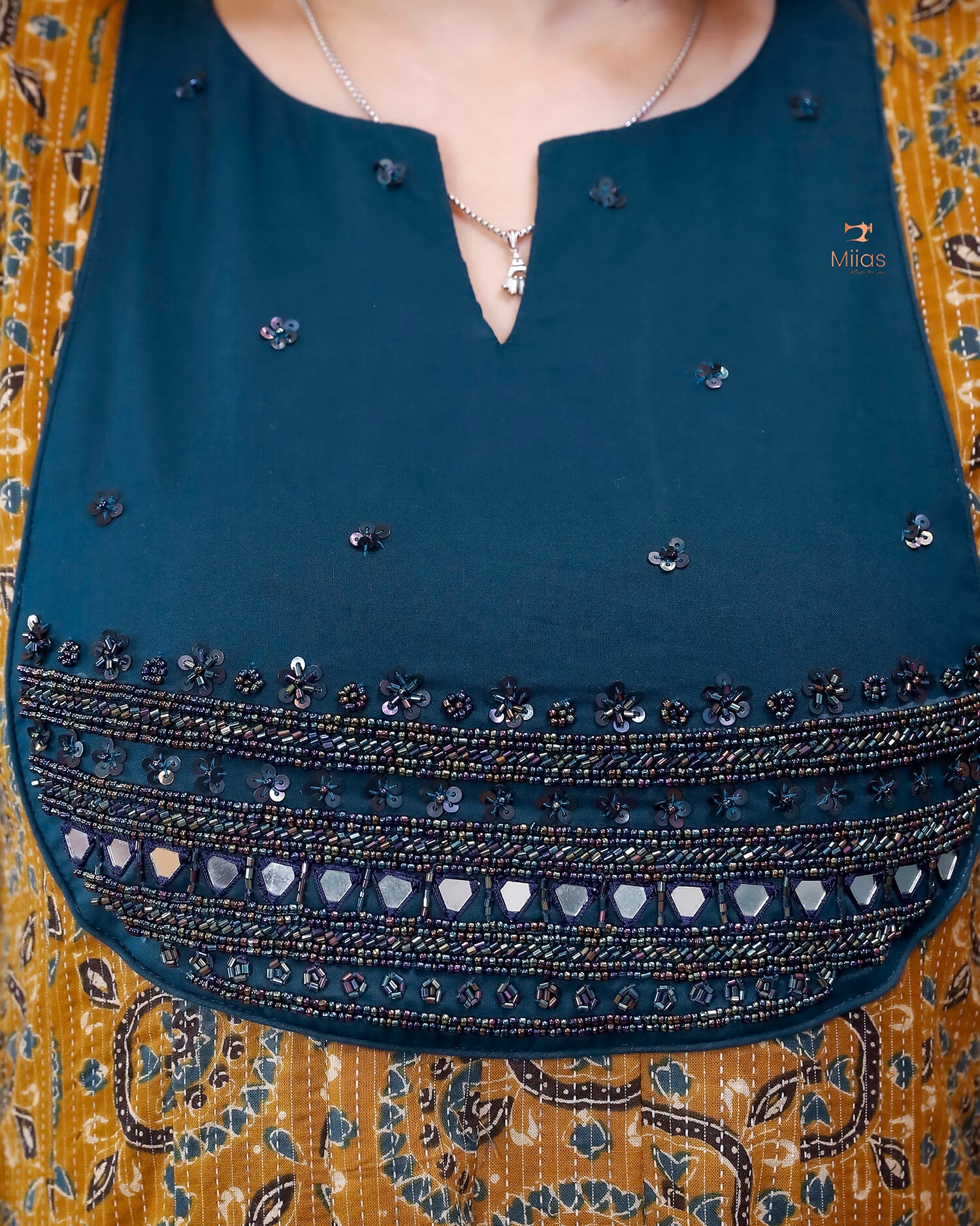 Cotton Kantha Kurti: Cut Beads, Mirror Work, Contrast Trim-Mustard Yellow.