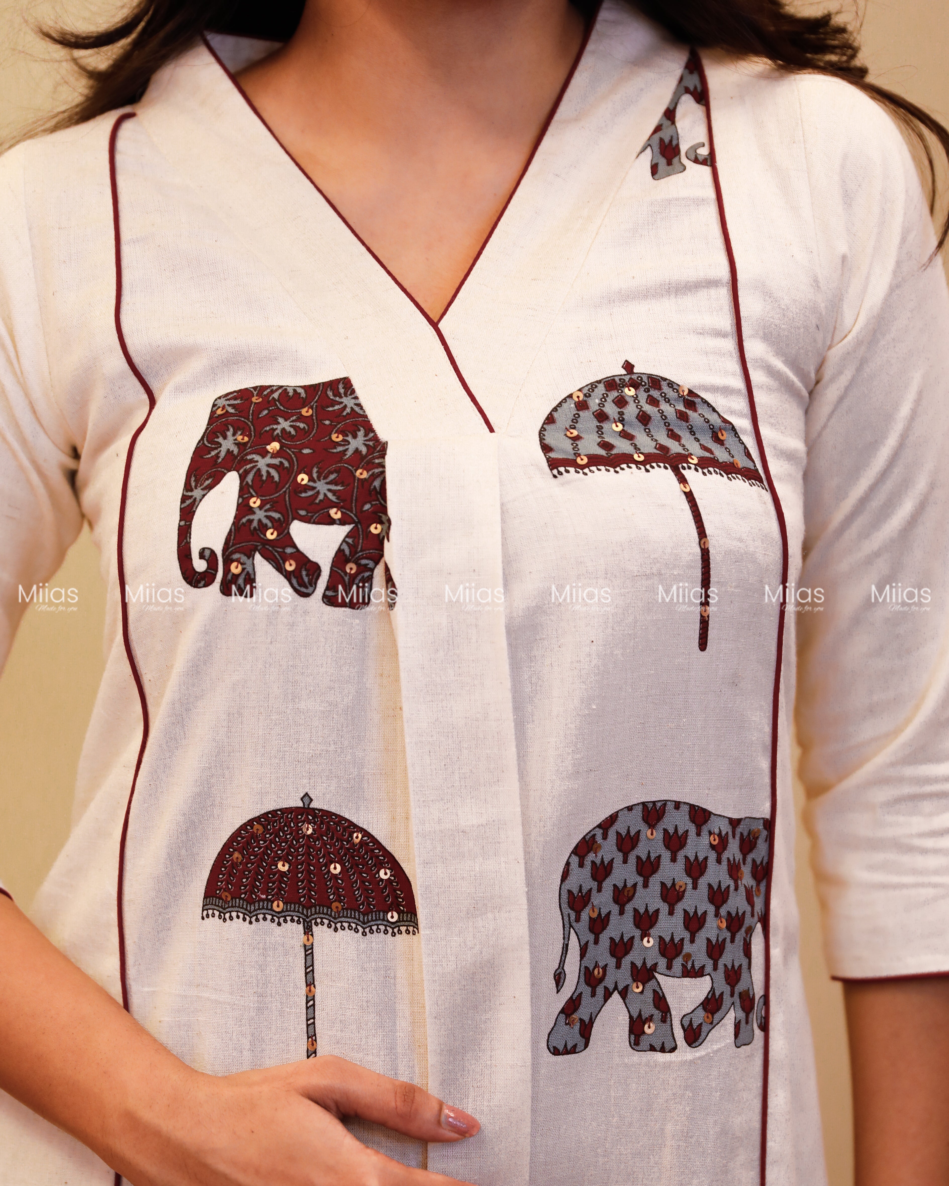 Flex Cotton 3-Panel Dress Kurti | Block Print + Sequin Collar | Off-White