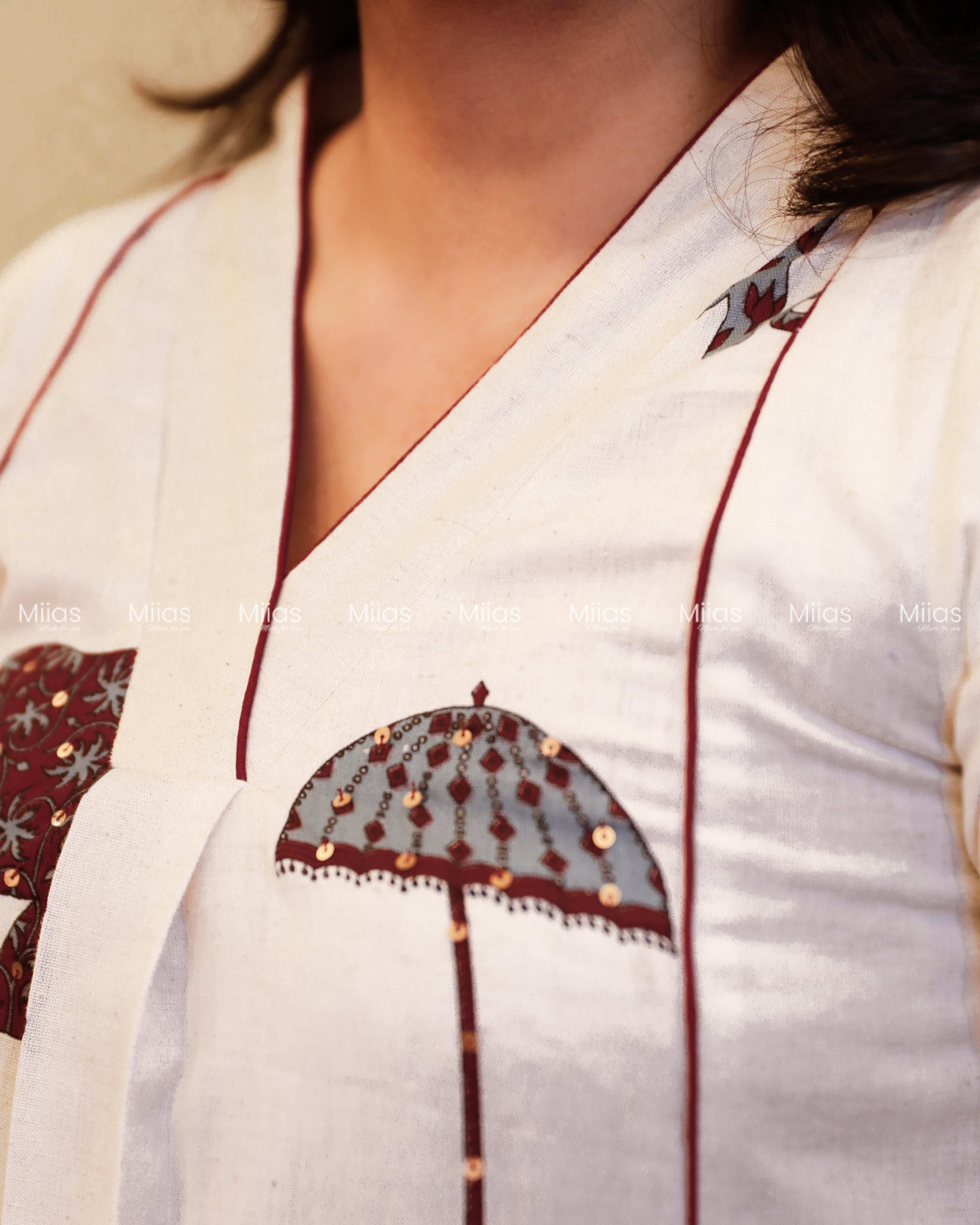 Flex Cotton 3-Panel Dress Kurti | Block Print + Sequin Collar | Off-White