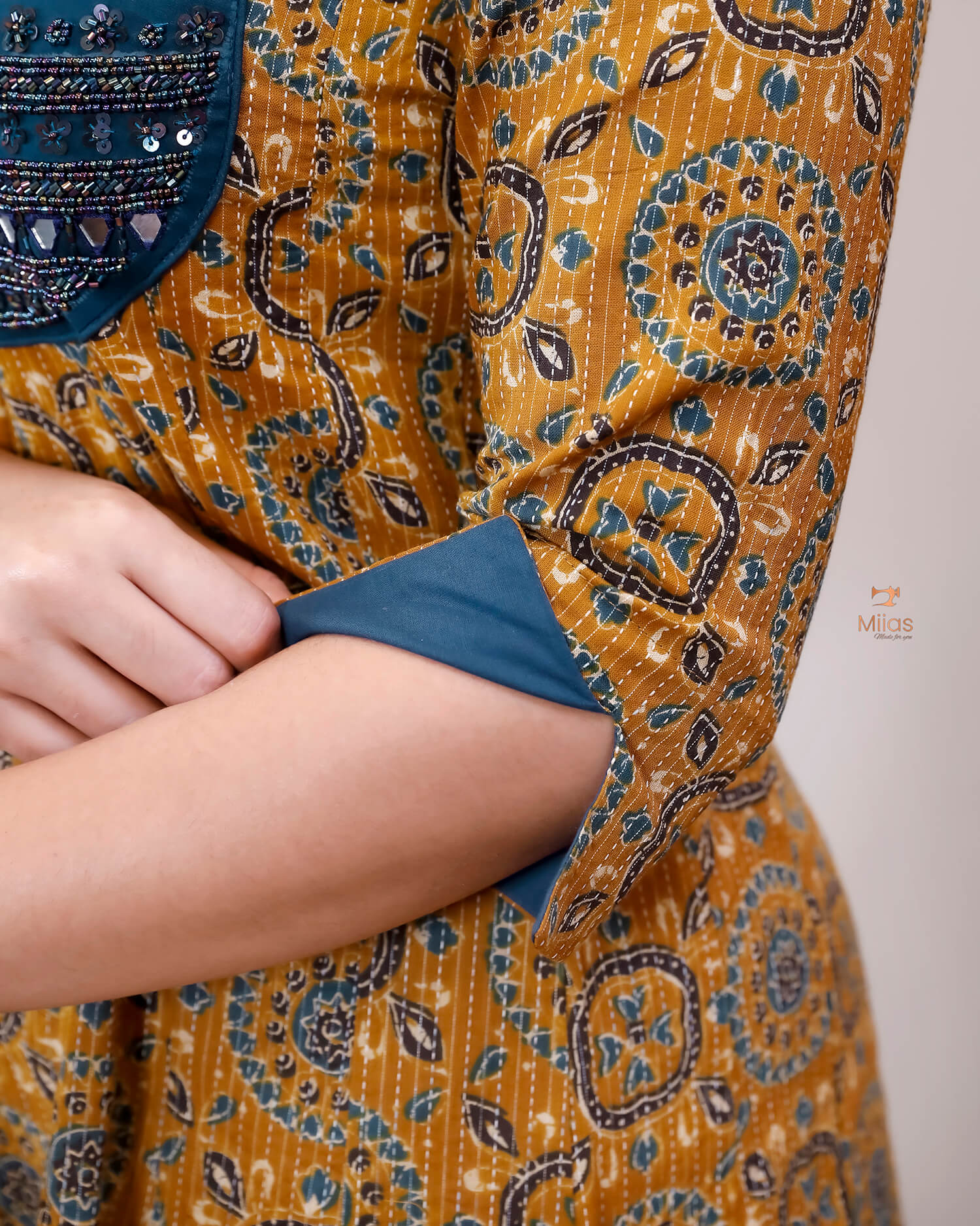 Cotton Kantha Kurti: Cut Beads, Mirror Work, Contrast Trim-Mustard Yellow.