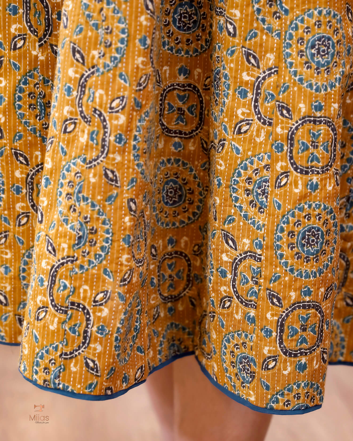 Cotton Kantha Kurti: Cut Beads, Mirror Work, Contrast Trim-Mustard Yellow.