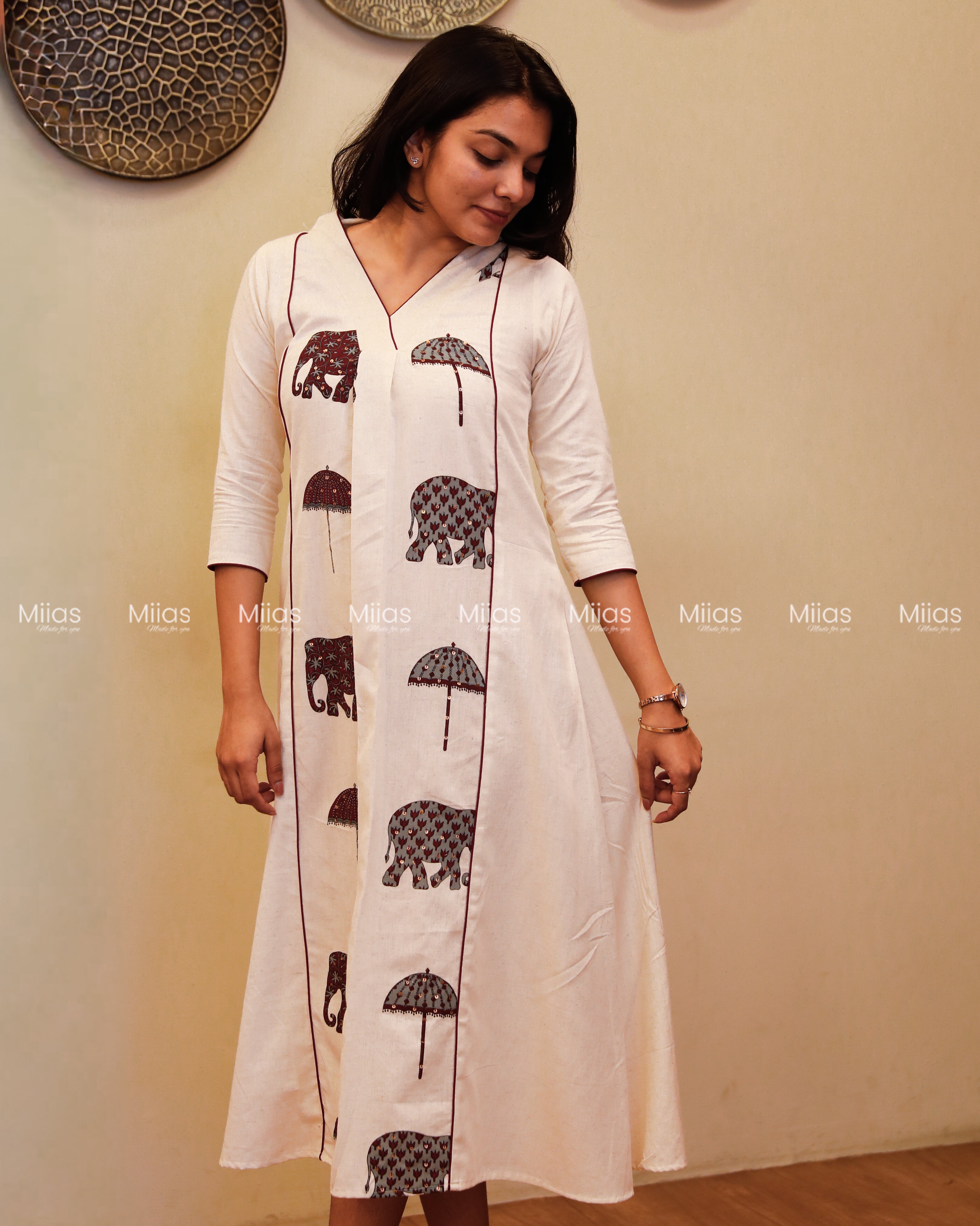 Flex Cotton 3-Panel Dress Kurti | Block Print + Sequin Collar | Off-White