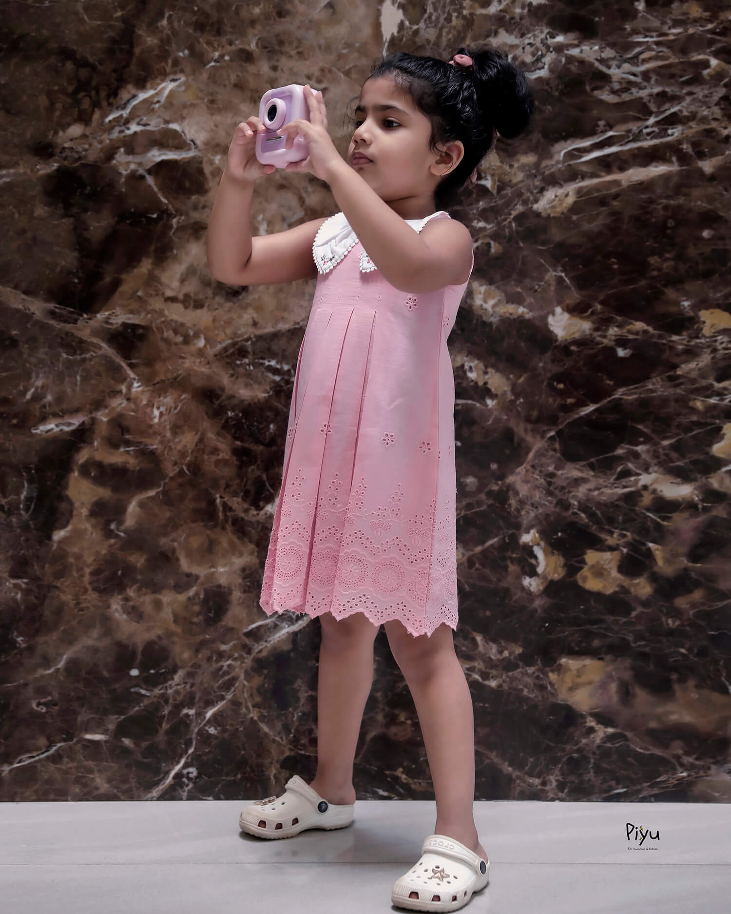 Cotton Kids' Dress w/ Structured Pleats & Butterfly Collar-Pink.