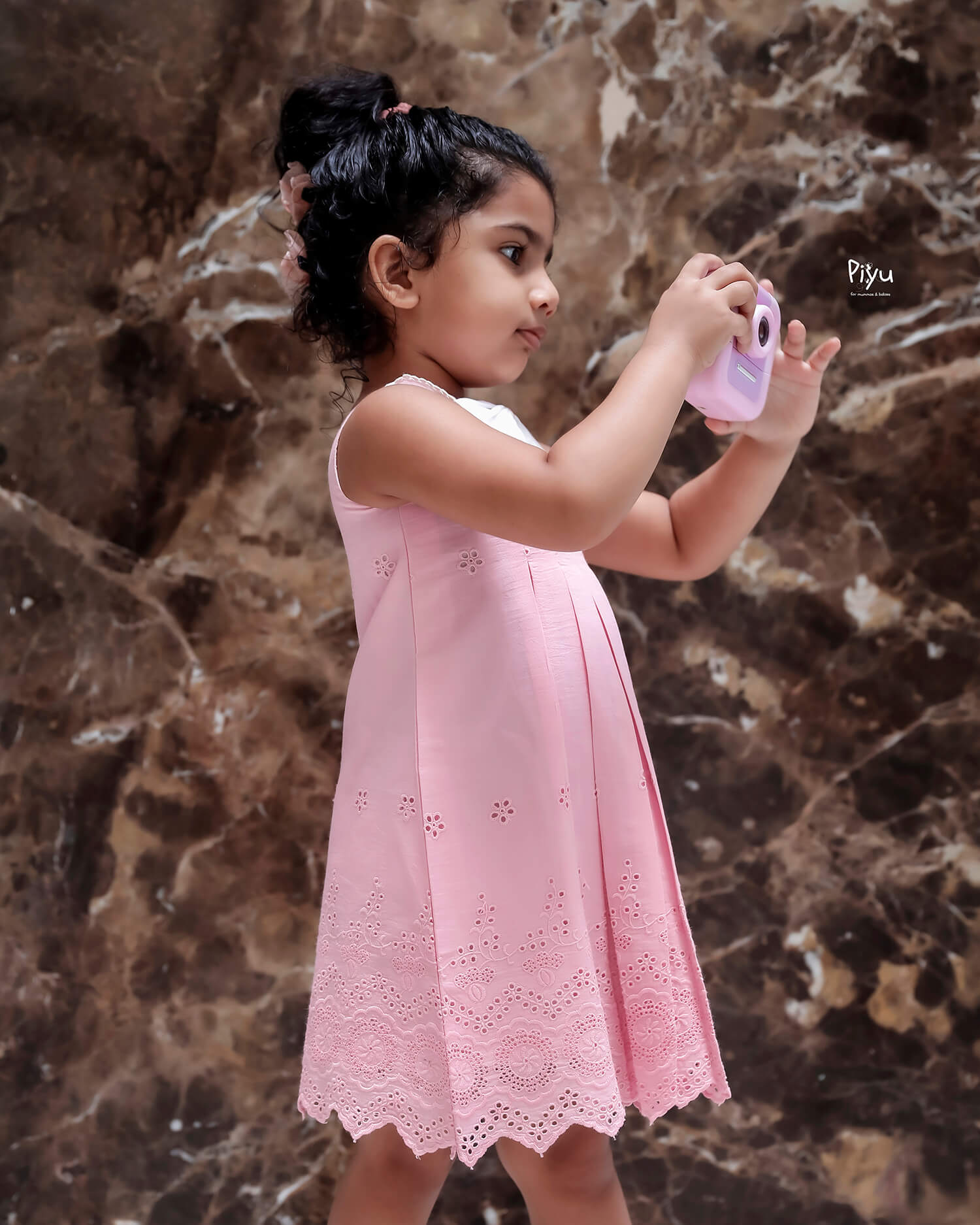 Cotton Kids' Dress w/ Structured Pleats & Butterfly Collar-Pink.