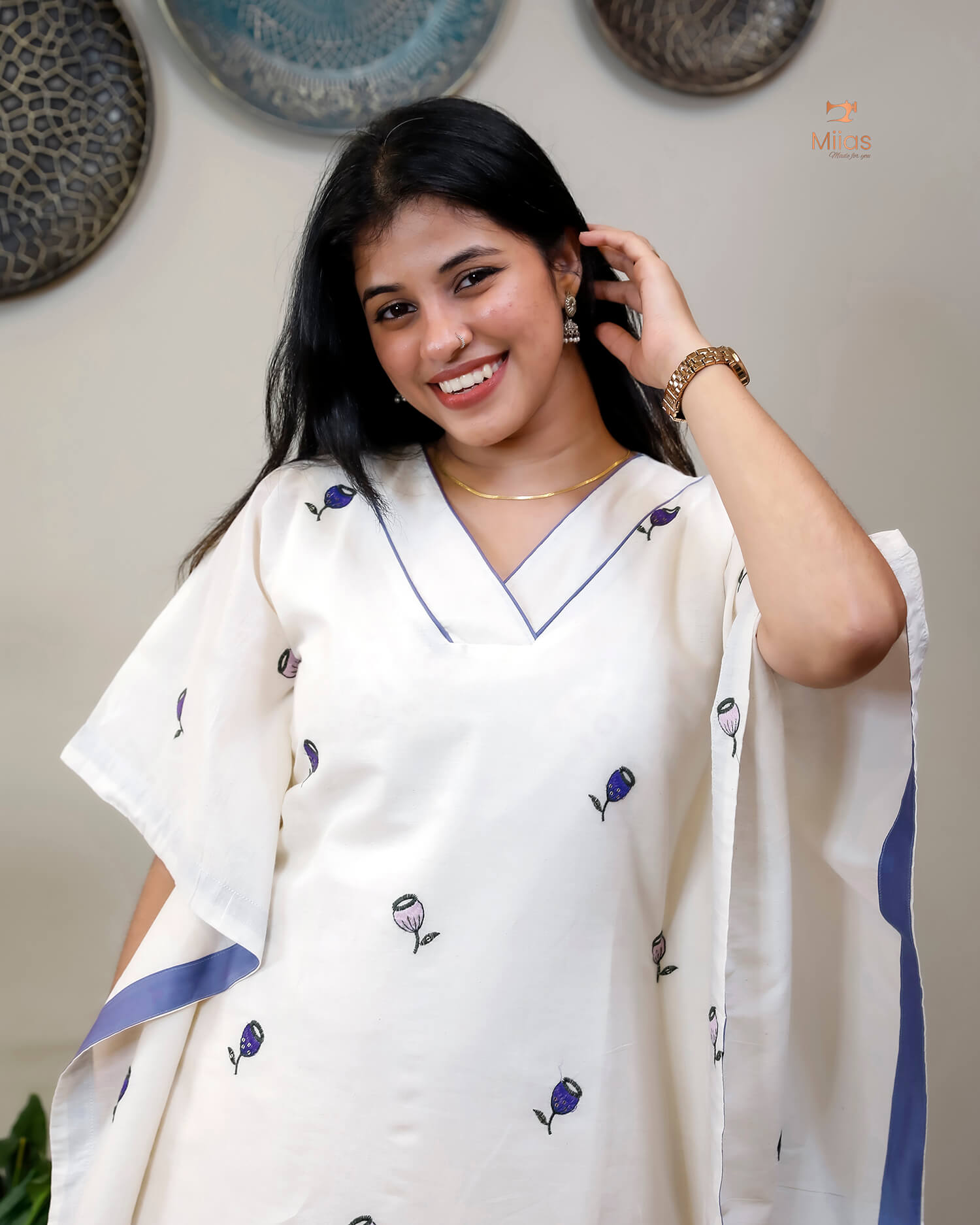 Embroidered Cotton Kaftan Dress – Relaxed V-Neck Resort Wear