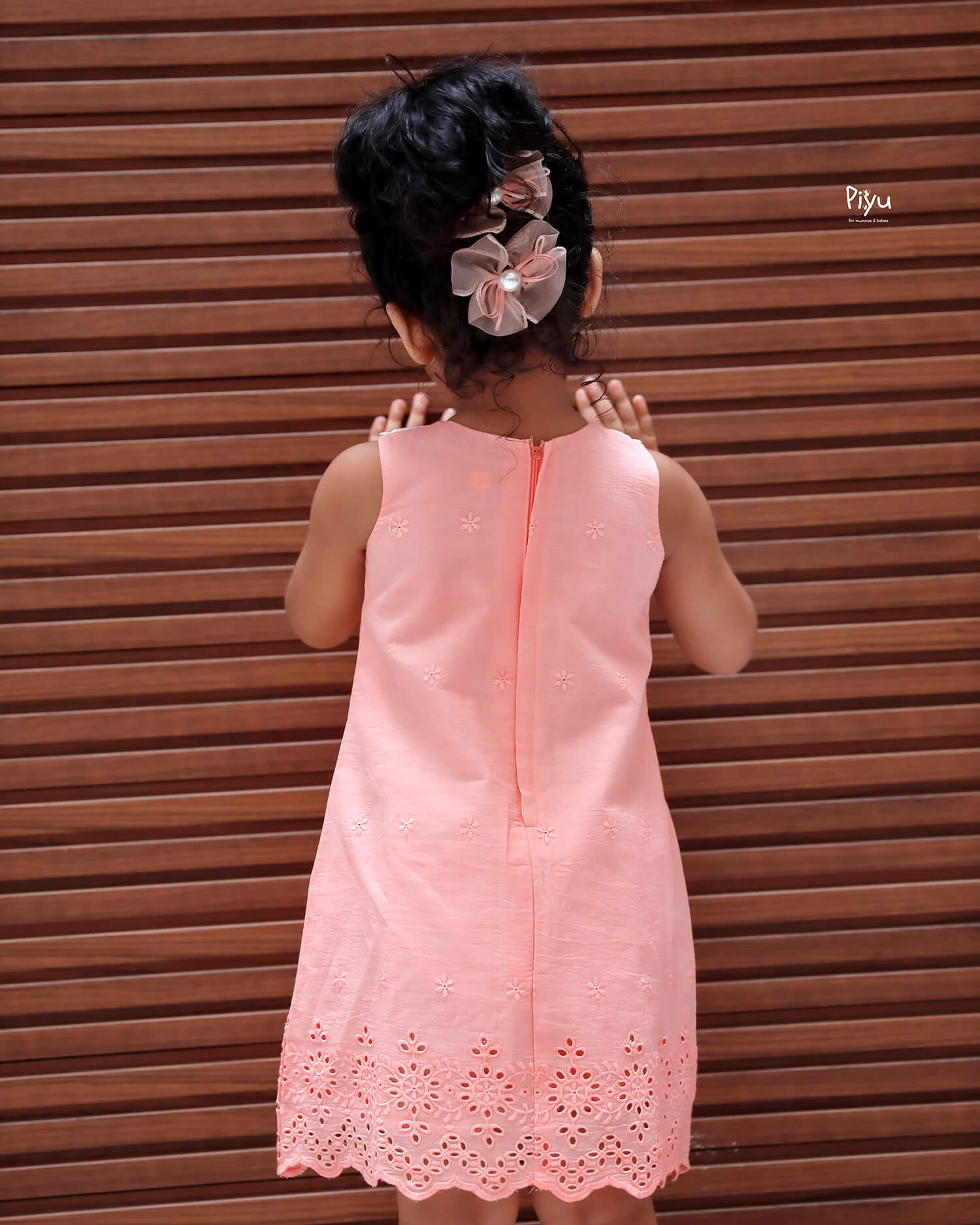 Cotton Kids' Dress w/ Structured Pleats & Butterfly Collar-Peach.