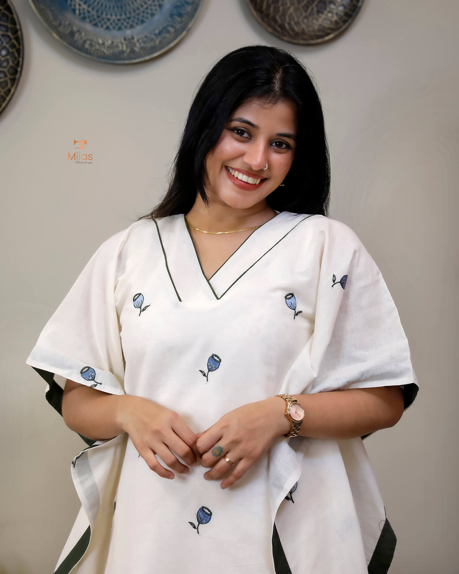 Embroidered Cotton Kaftan Dress – Relaxed V-Neck Resort Wear