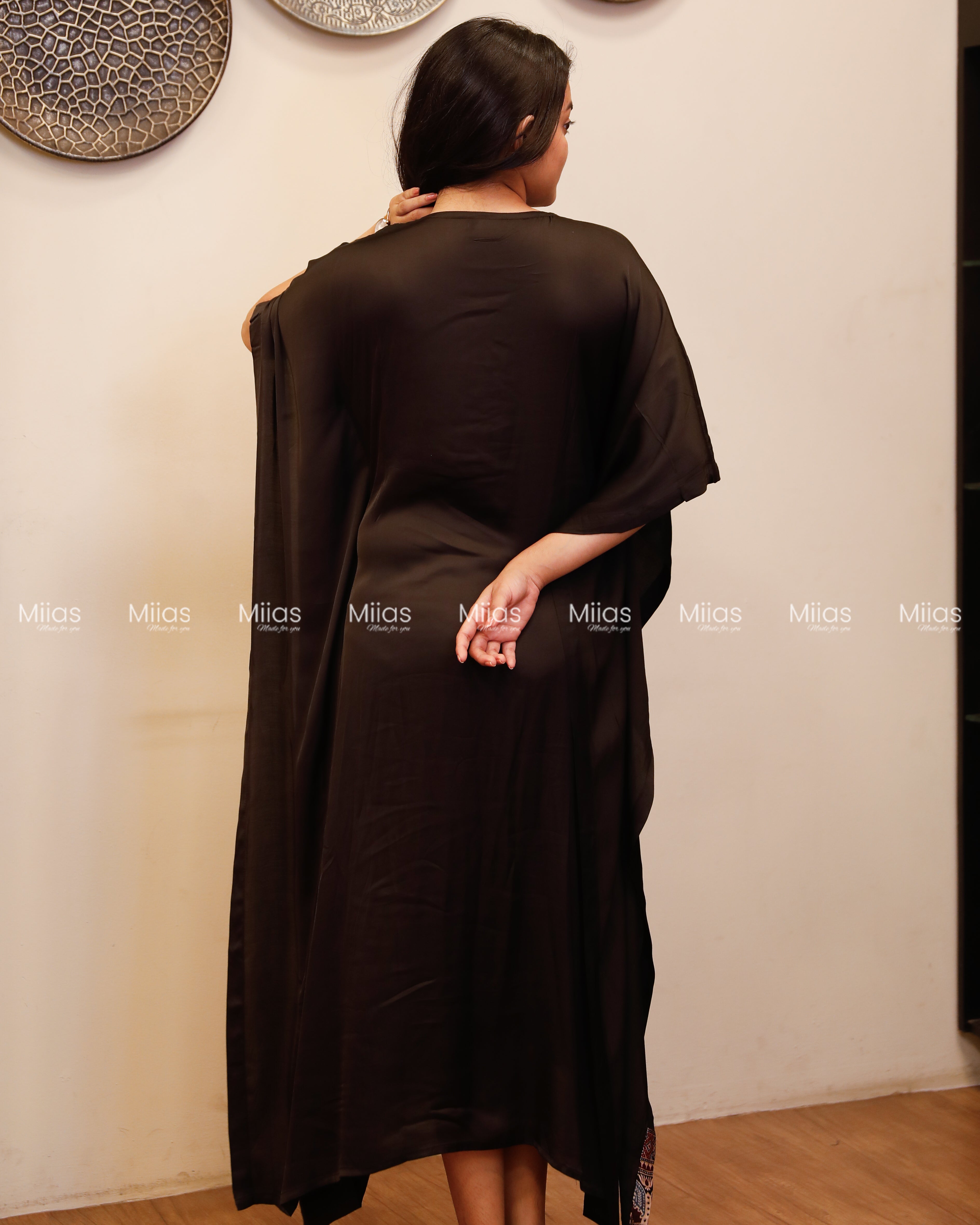 Modal Silk Kaftan | Ajrakh Beaded Yoke + Border Hem | Black