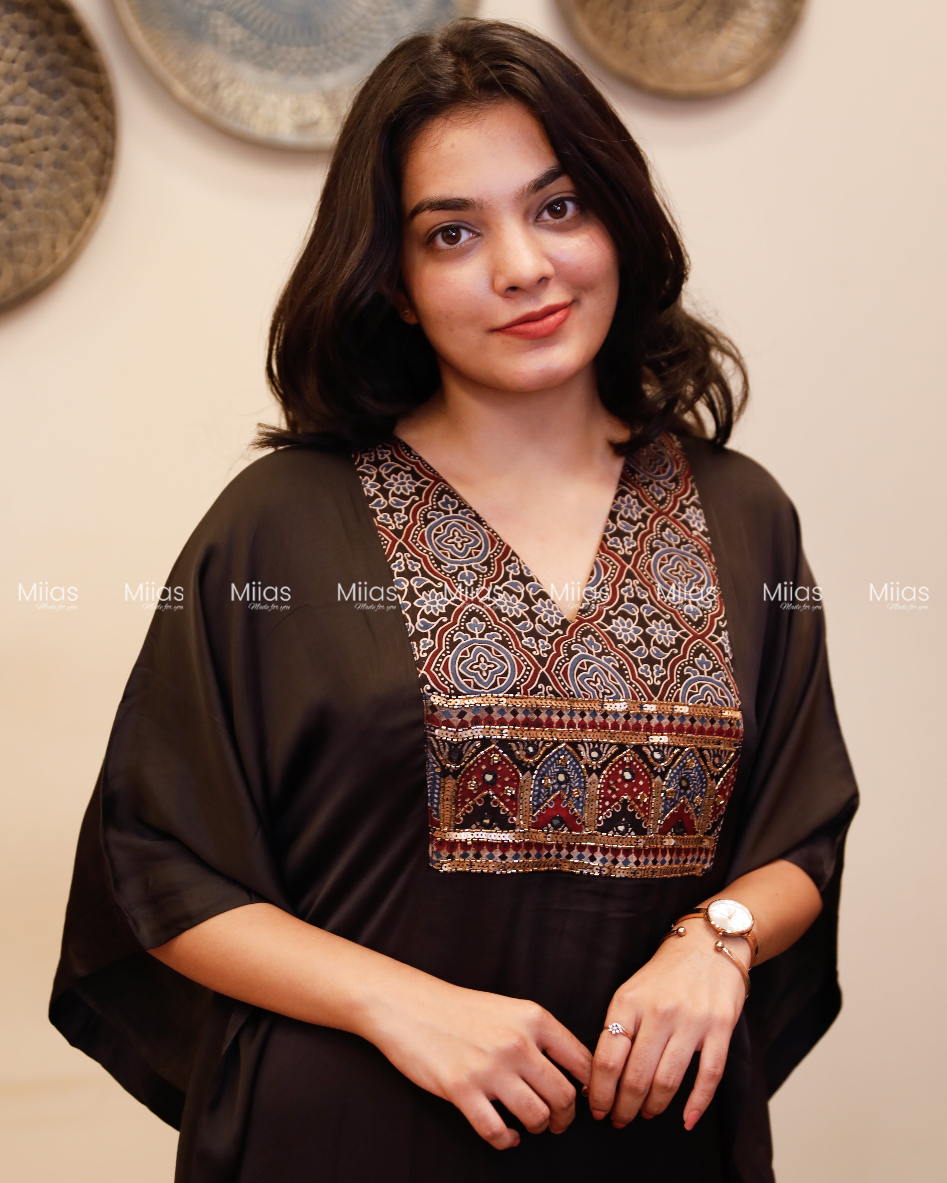 Modal Silk Kaftan | Ajrakh Beaded Yoke + Border Hem | Black