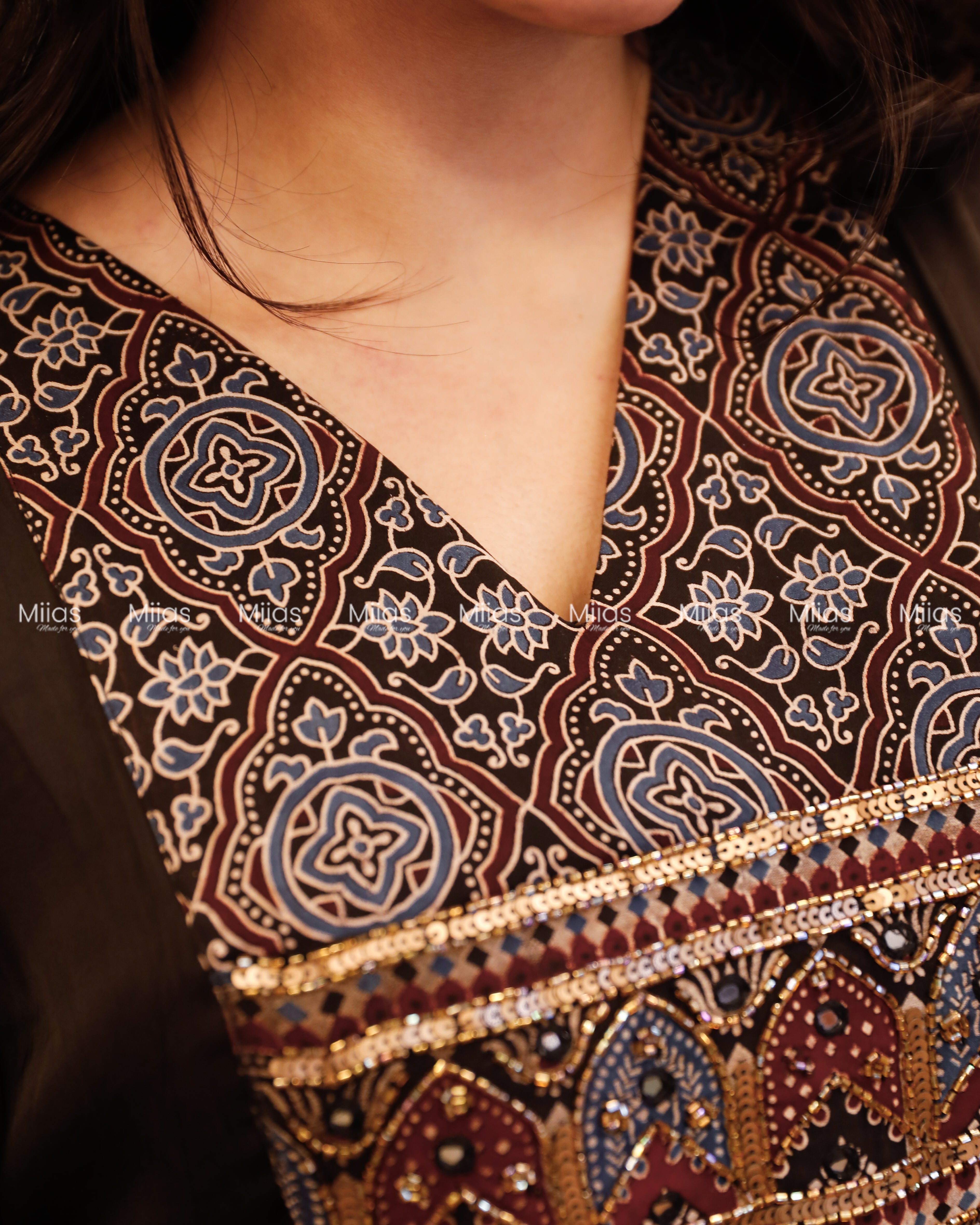 Modal Silk Kaftan | Ajrakh Beaded Yoke + Border Hem | Black