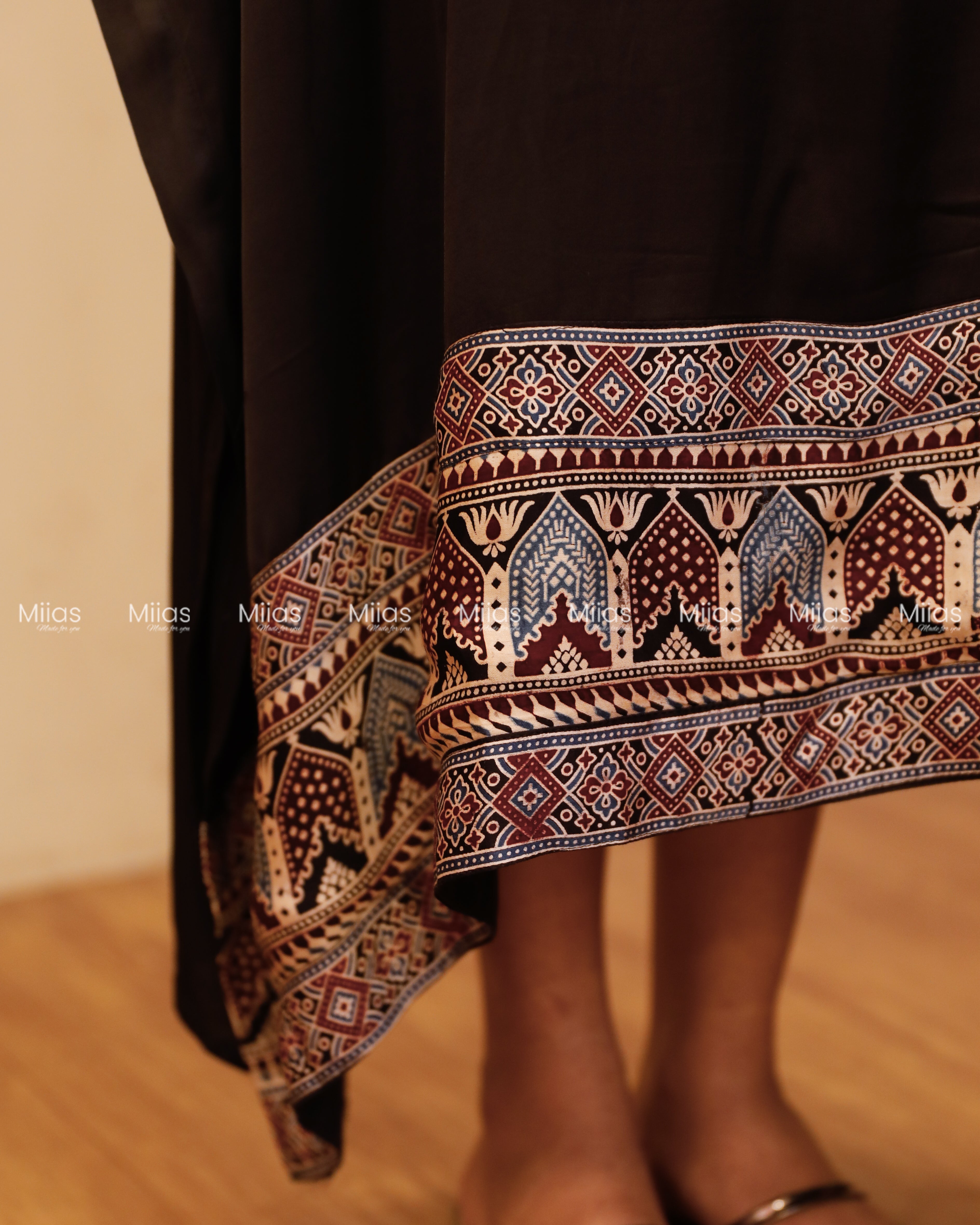 Modal Silk Kaftan | Ajrakh Beaded Yoke + Border Hem | Black