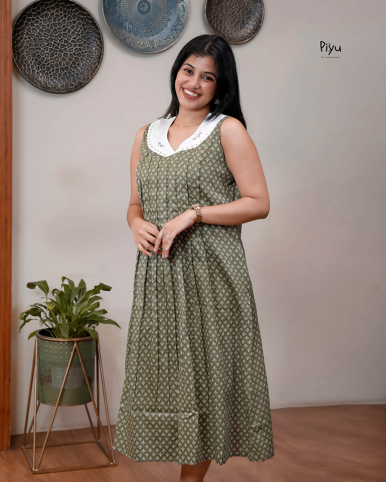 Cotton Maternity Dress with Nursing Access & Lace-Olive Green
