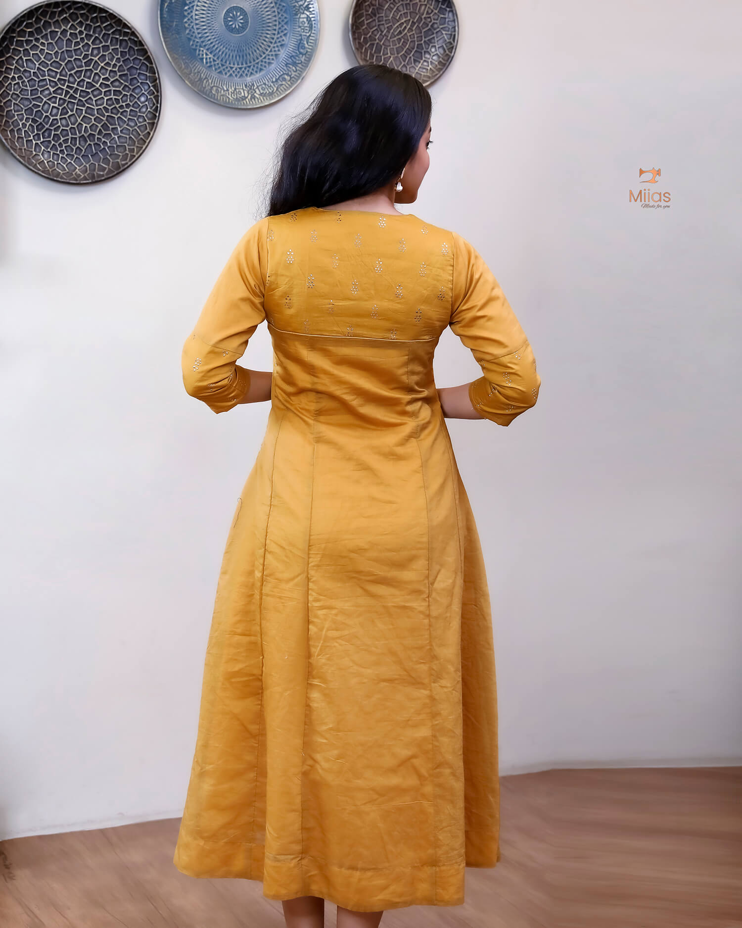 Mul Chanderi Kurti: Golden Mukesh Work, Printed Panel, Pintuck Neckline-Mustard Yellow.