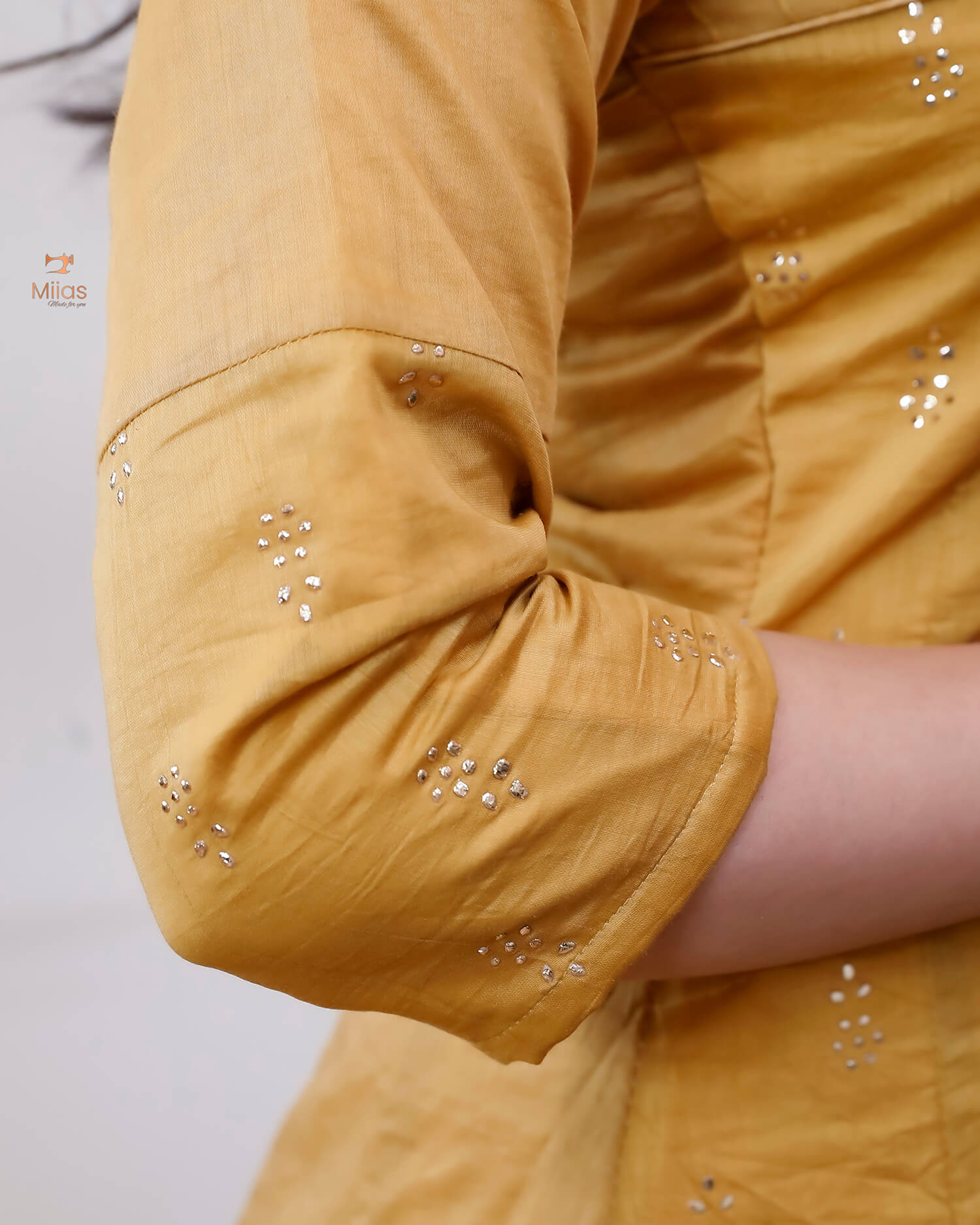 Mul Chanderi Kurti: Golden Mukesh Work, Printed Panel, Pintuck Neckline-Mustard Yellow.