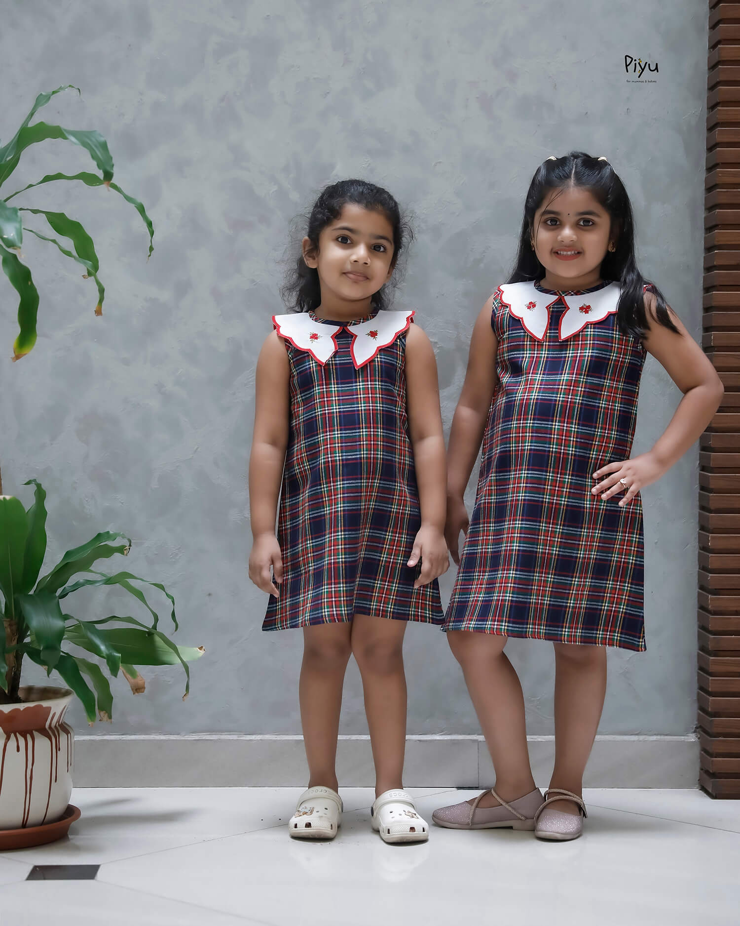 Soft Cotton A-Line Frock with Scalloped Embroidered Collar-Plaid.