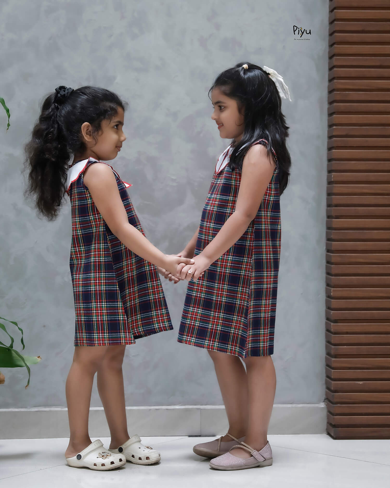 Soft Cotton A-Line Frock with Scalloped Embroidered Collar-Plaid.