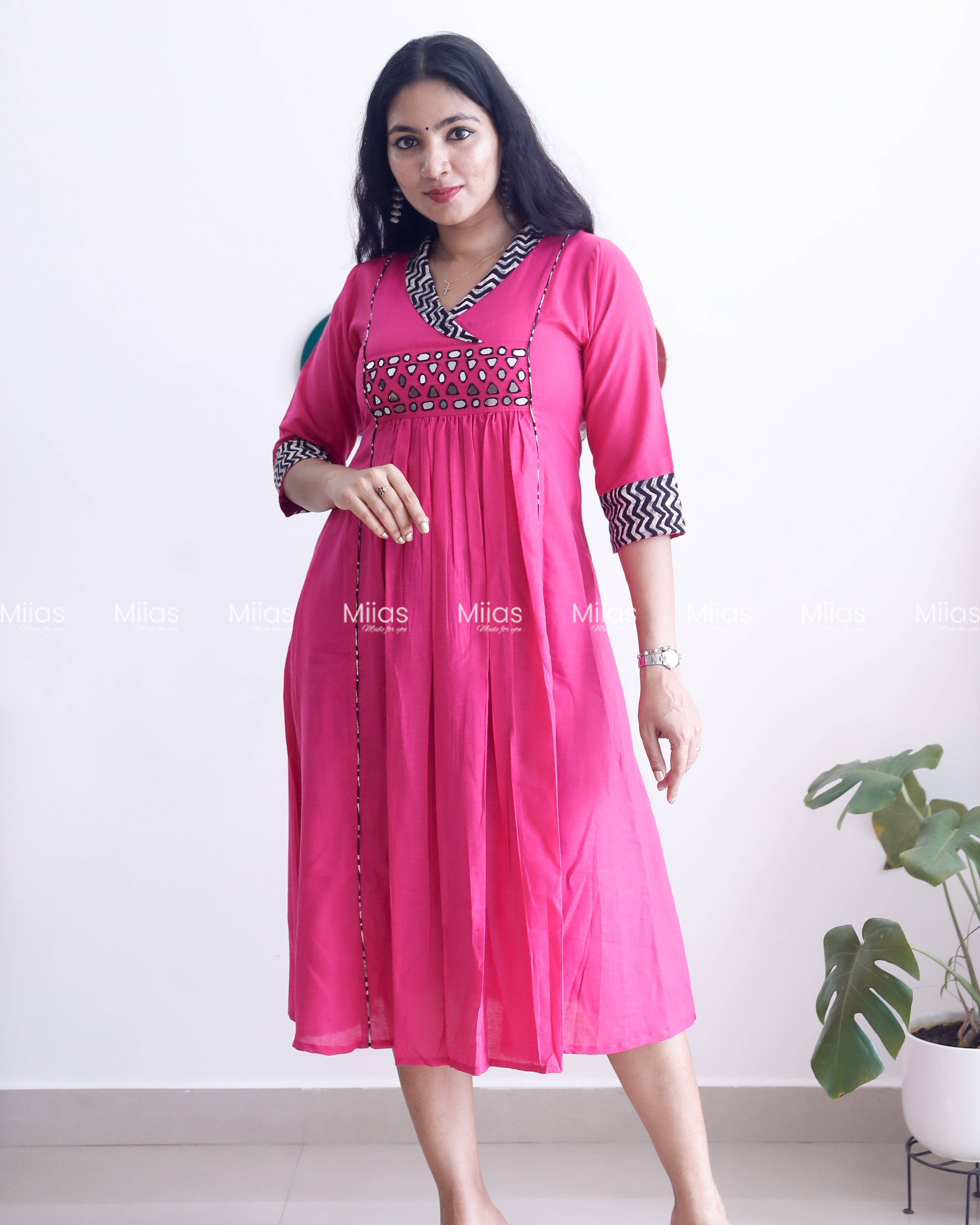 Cotton 3-Panel Kurti | Mirror Yoke + Contrast Neckline | Pink