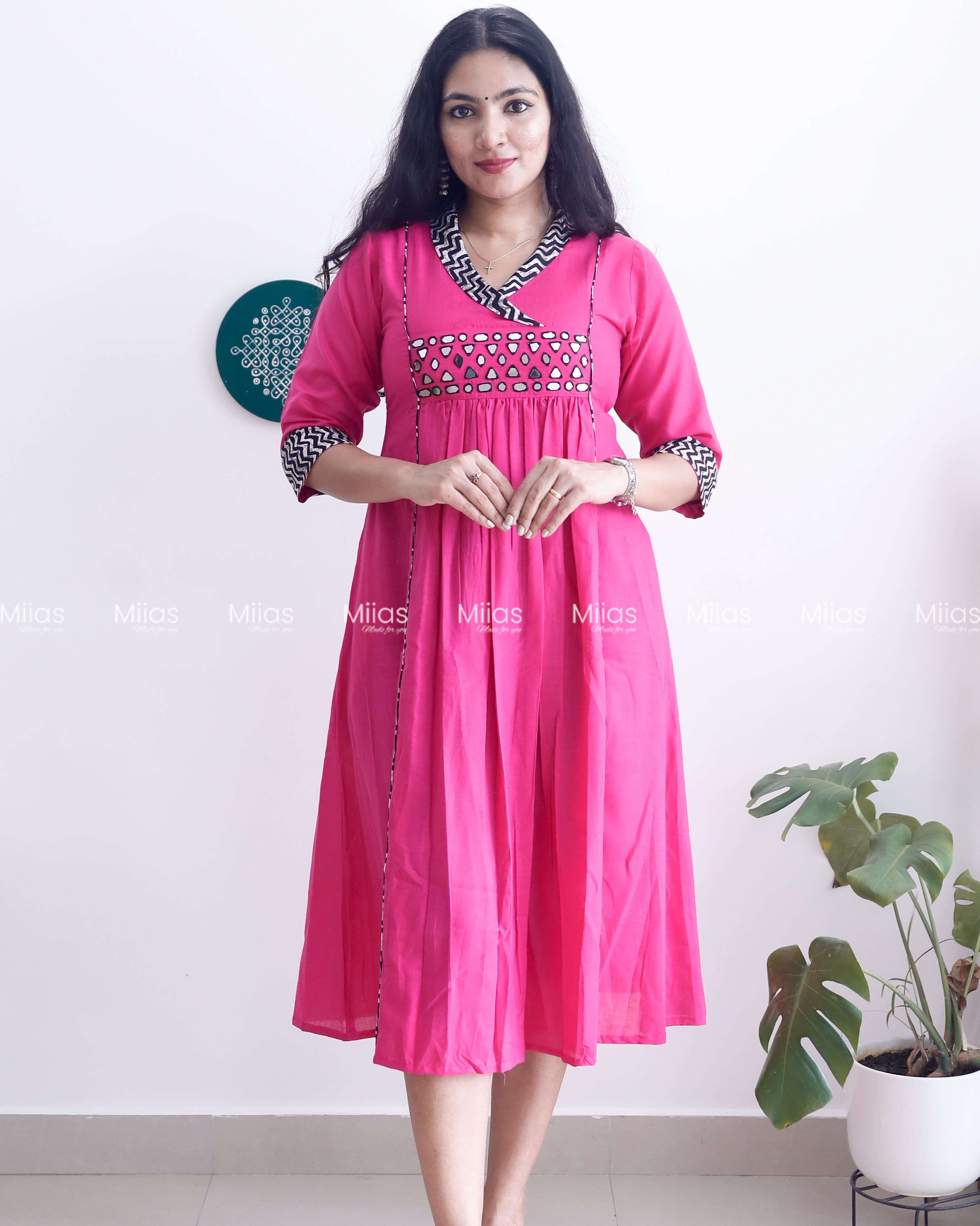 Cotton 3-Panel Kurti | Mirror Yoke + Contrast Neckline | Pink