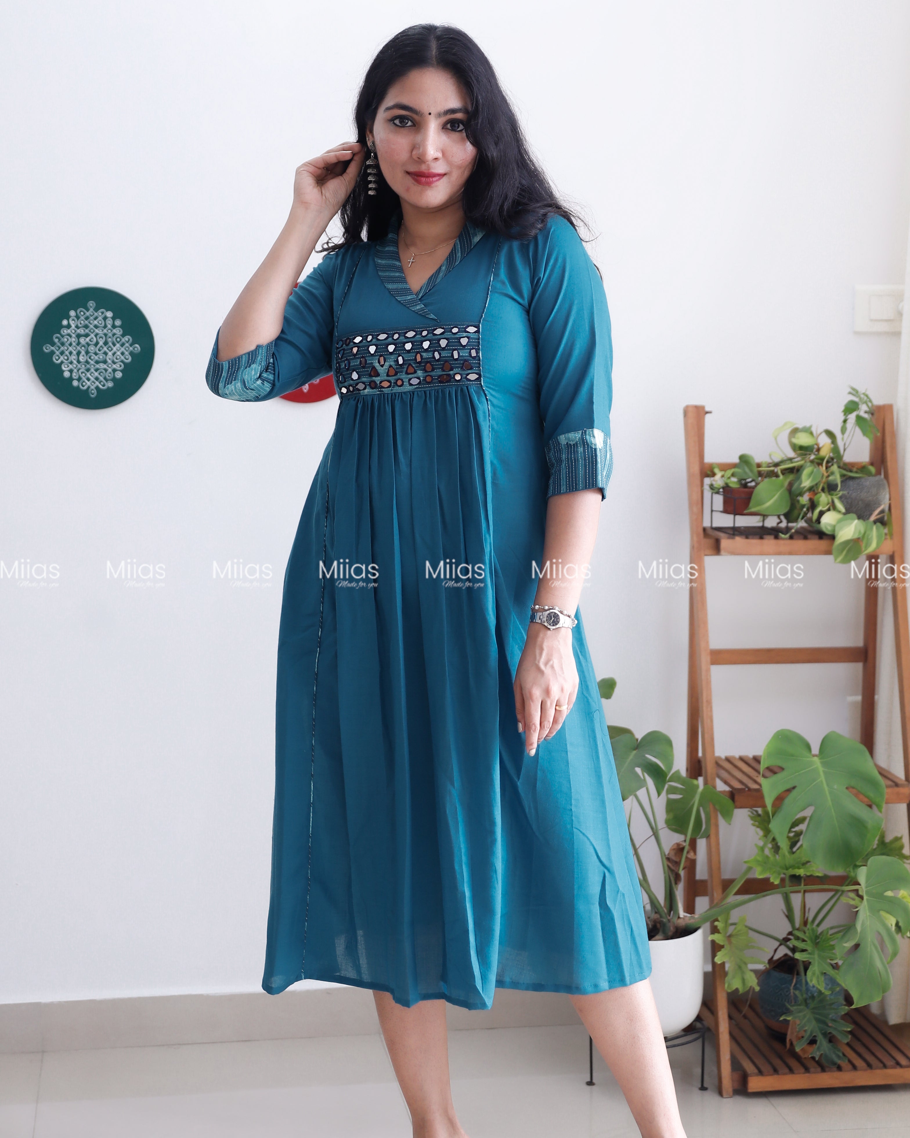 Cotton 3-Panel Kurti | Mirror Yoke + Contrast Neckline | Blue