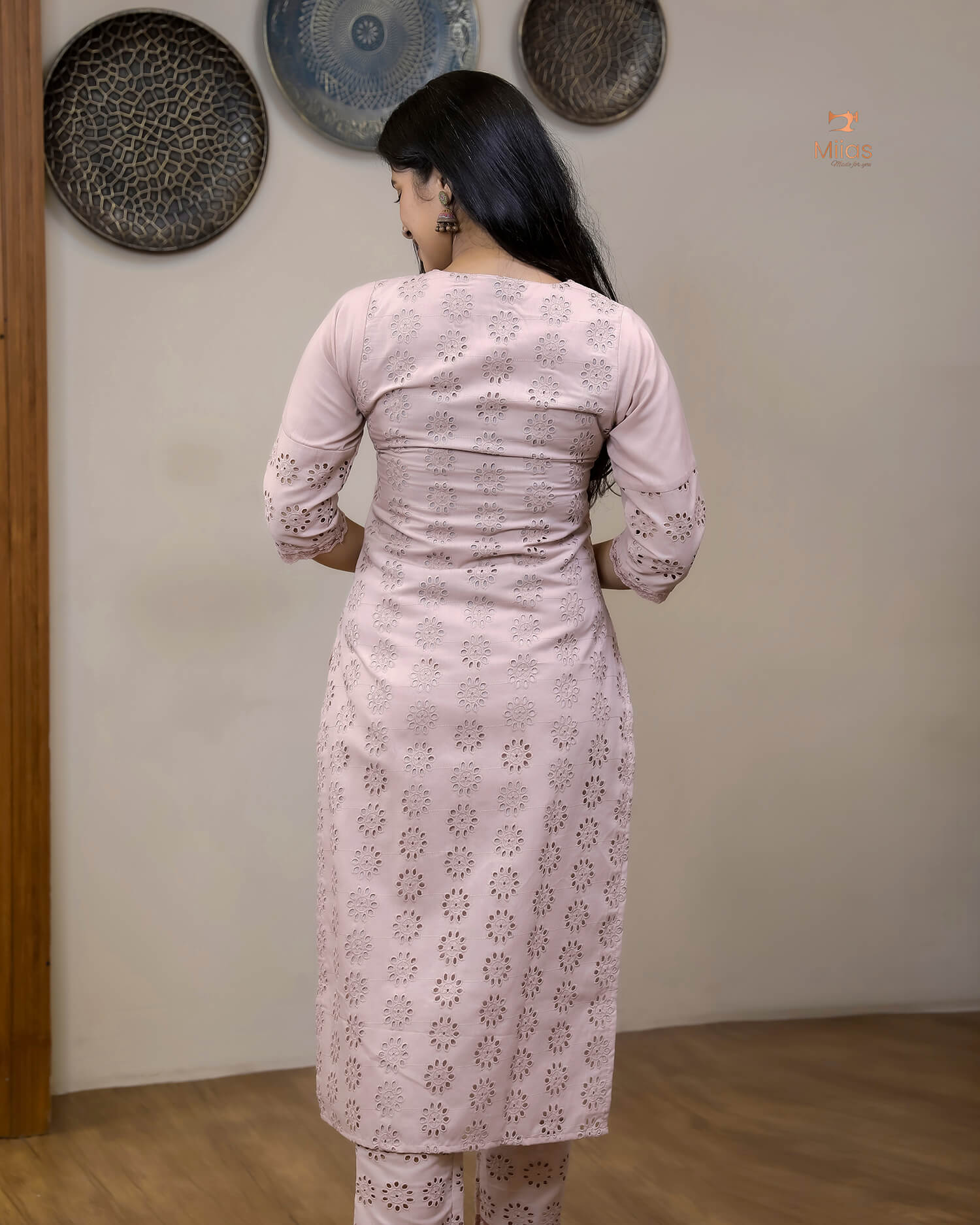 Hakoba Cotton Co-ord Set, Lace Detail & Pocket-Powder Pink