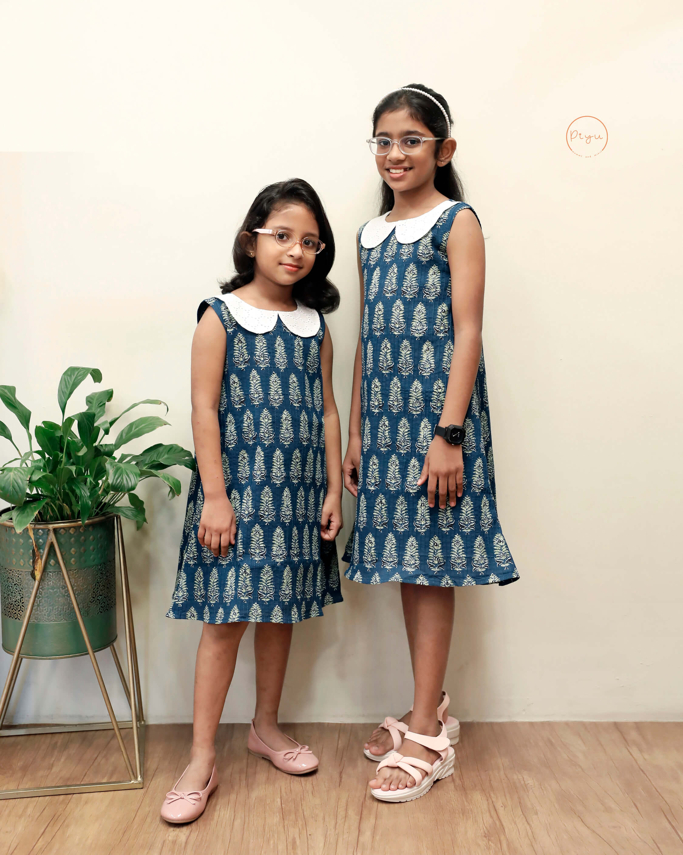 Cotton A-Line Dress: Ajrakh Print & Rose Embroidery-Blue