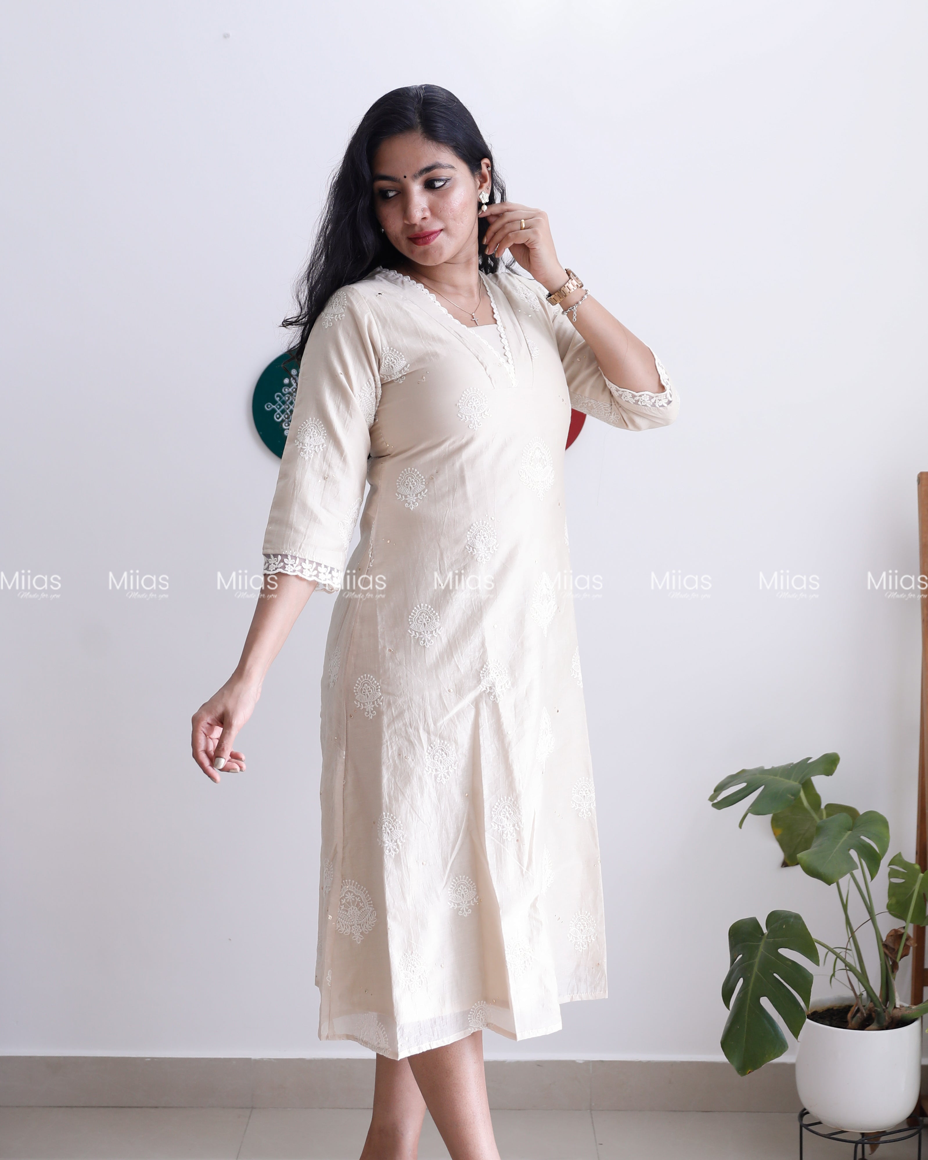 Mul Chanderi Dress Kurti | Mukaish Work + Lace Trim | Light Chicku