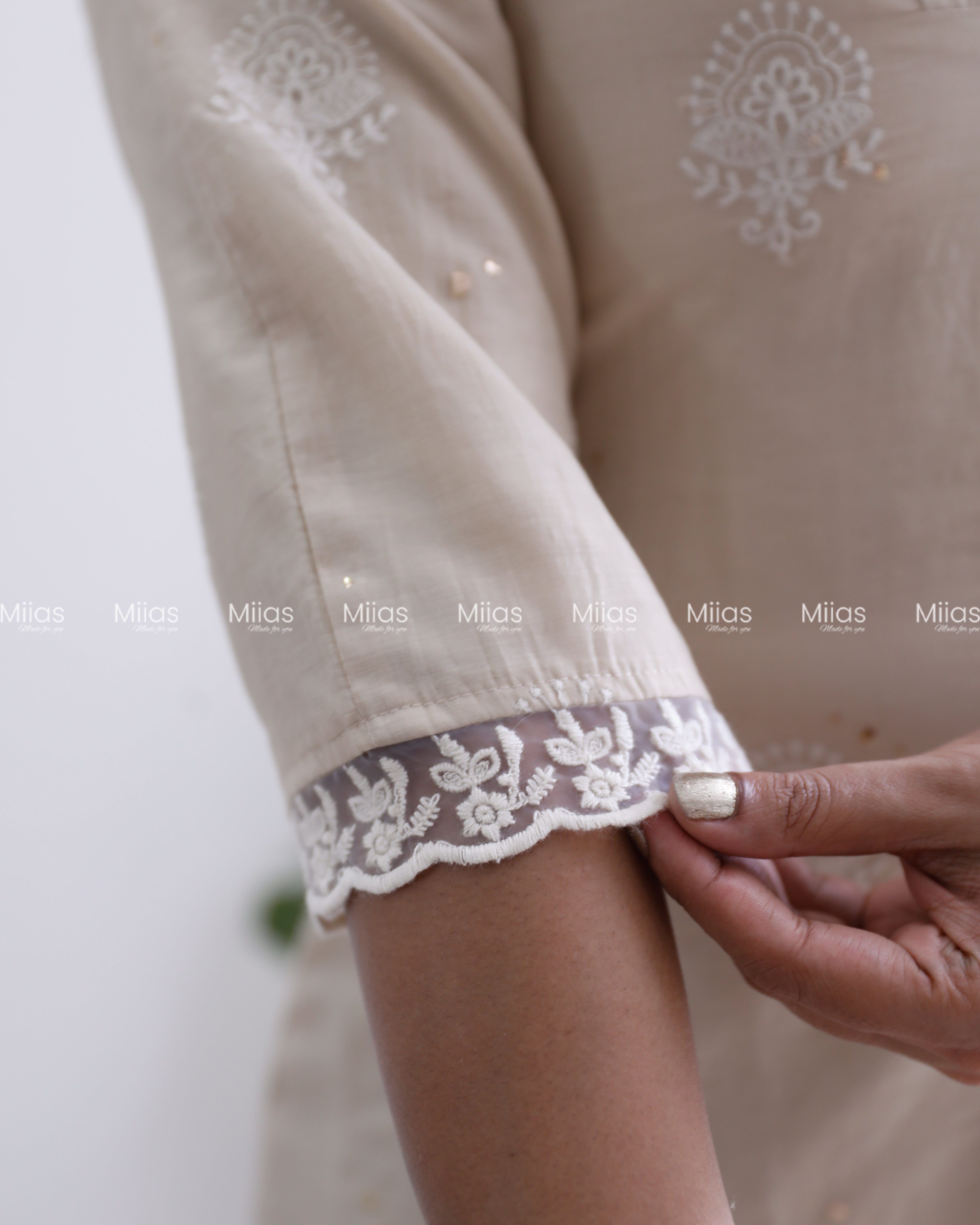 Mul Chanderi Dress Kurti | Mukaish Work + Lace Trim | Light Chicku