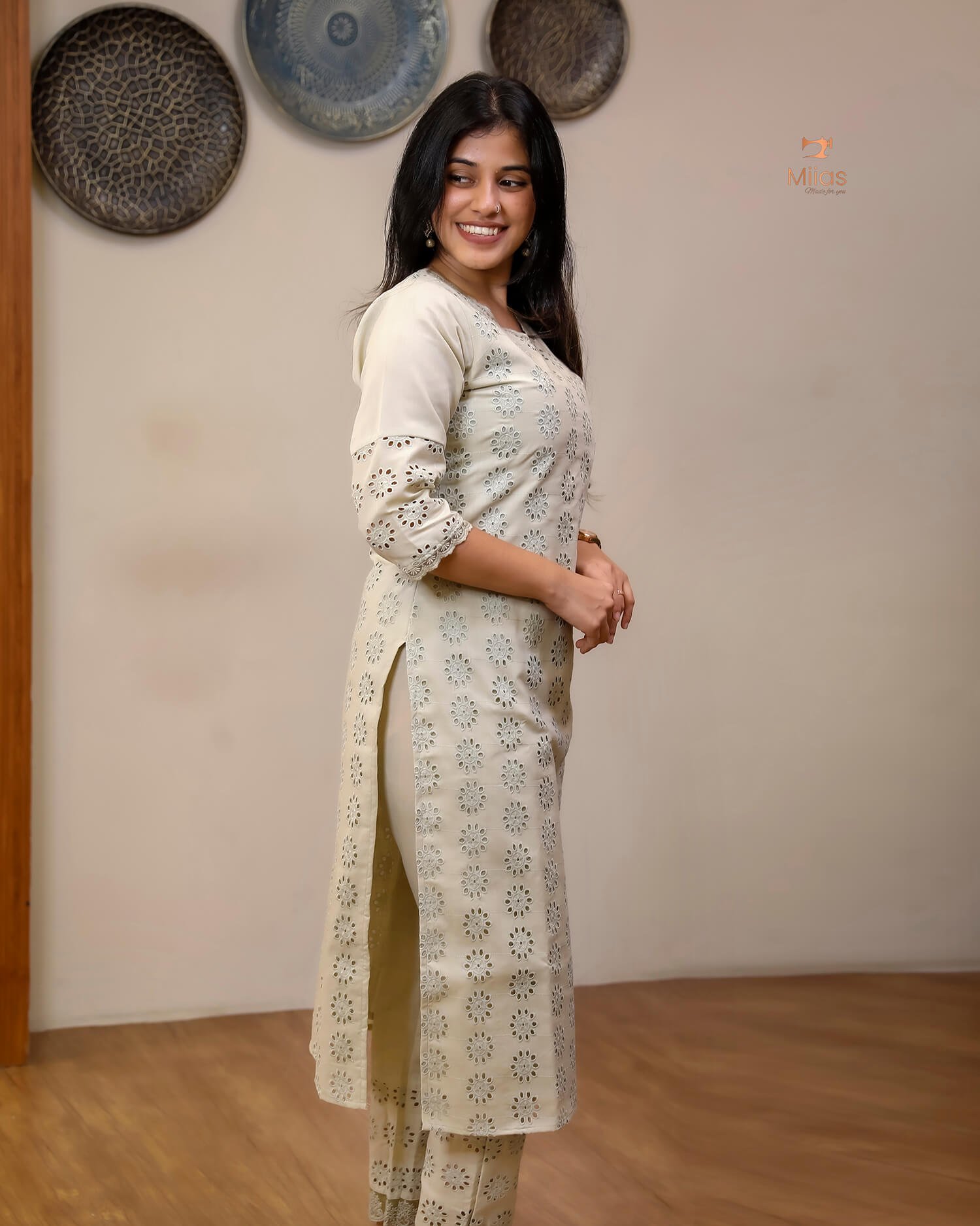 Hakoba Cotton Co-ord Set, Lace Detail & Pocket-Pista Green