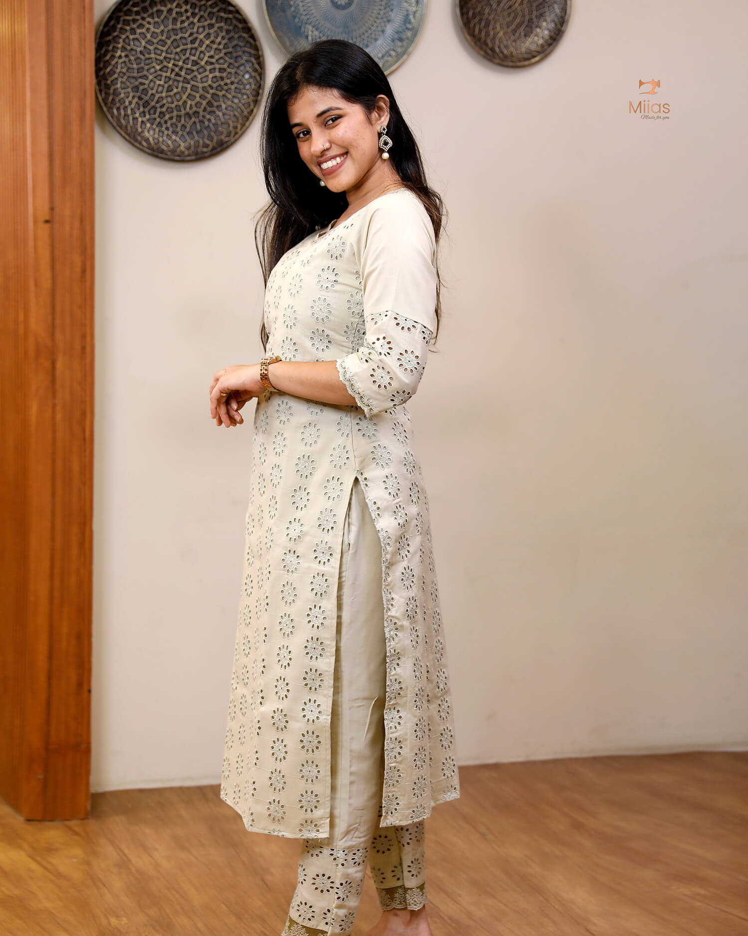 Hakoba Cotton Co-ord Set, Lace Detail & Pocket-Pista Green