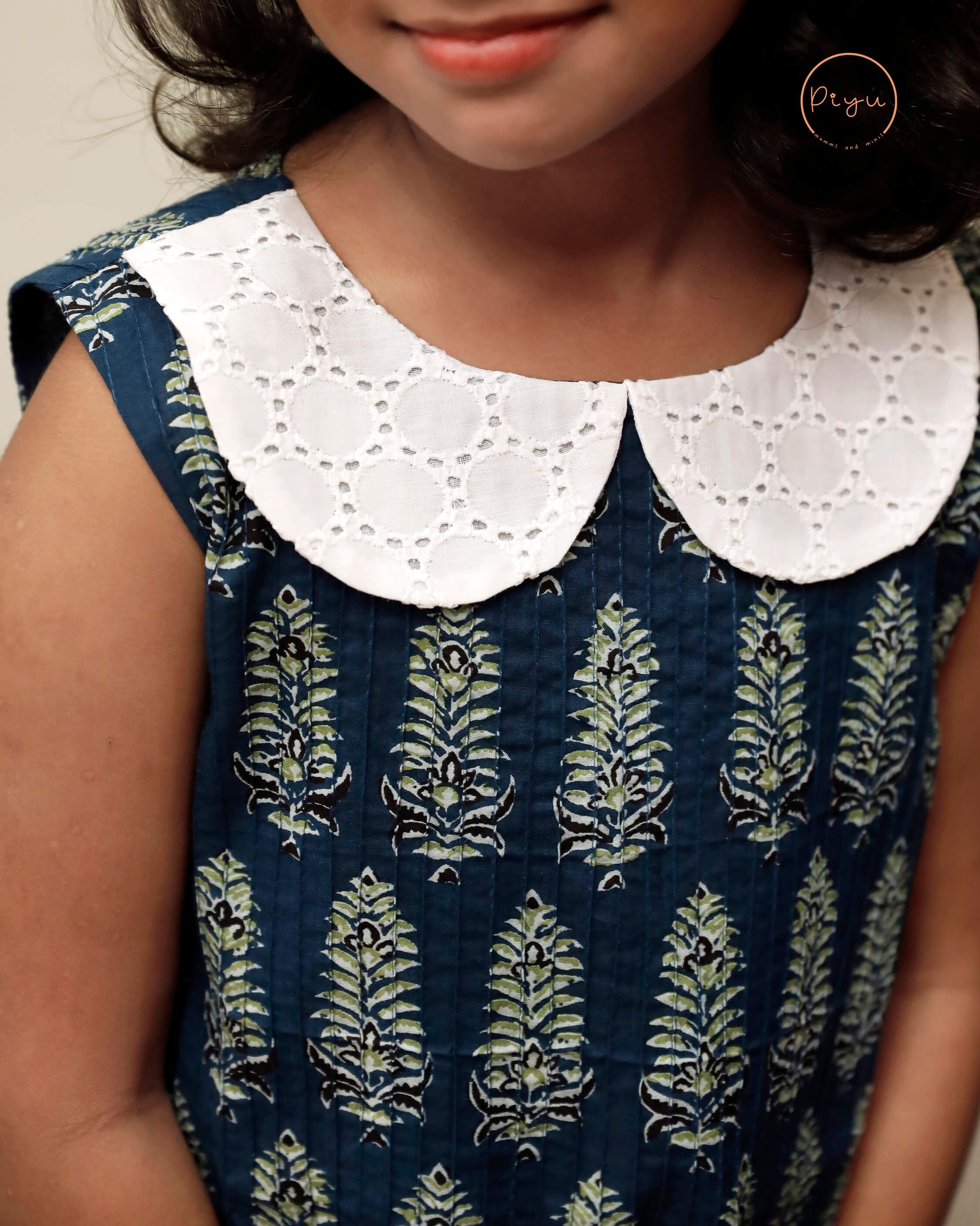 Cotton A-Line Dress: Ajrakh Print & Rose Embroidery-Blue