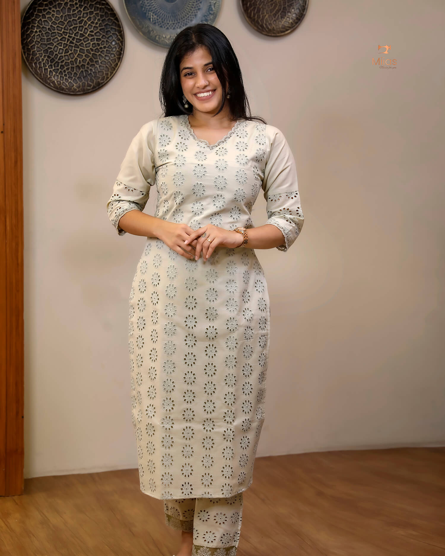 Hakoba Cotton Co-ord Set, Lace Detail & Pocket-Pista Green