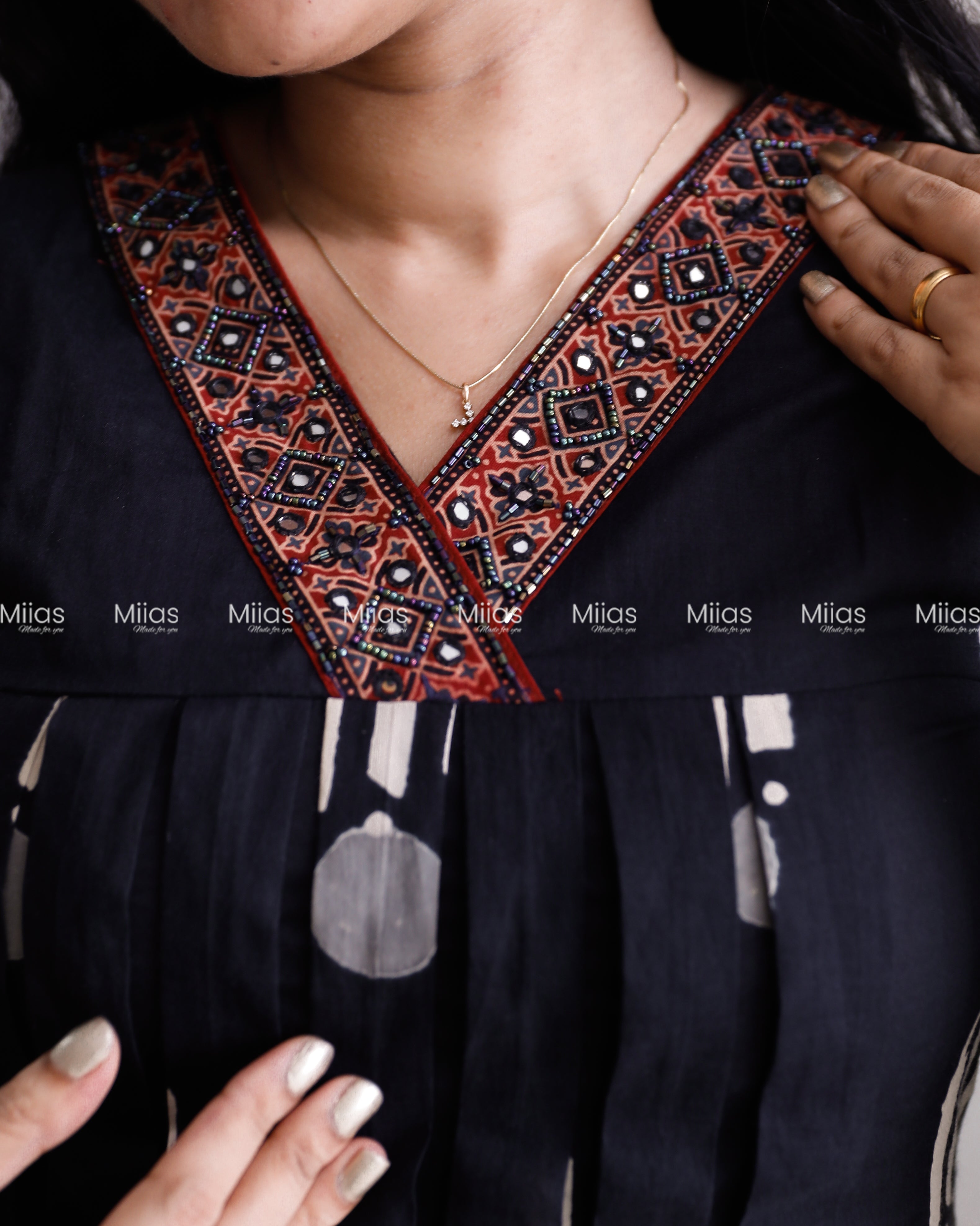 South Cotton Dress Kurti | Pintuck V-Neck + Beaded Trim | Black