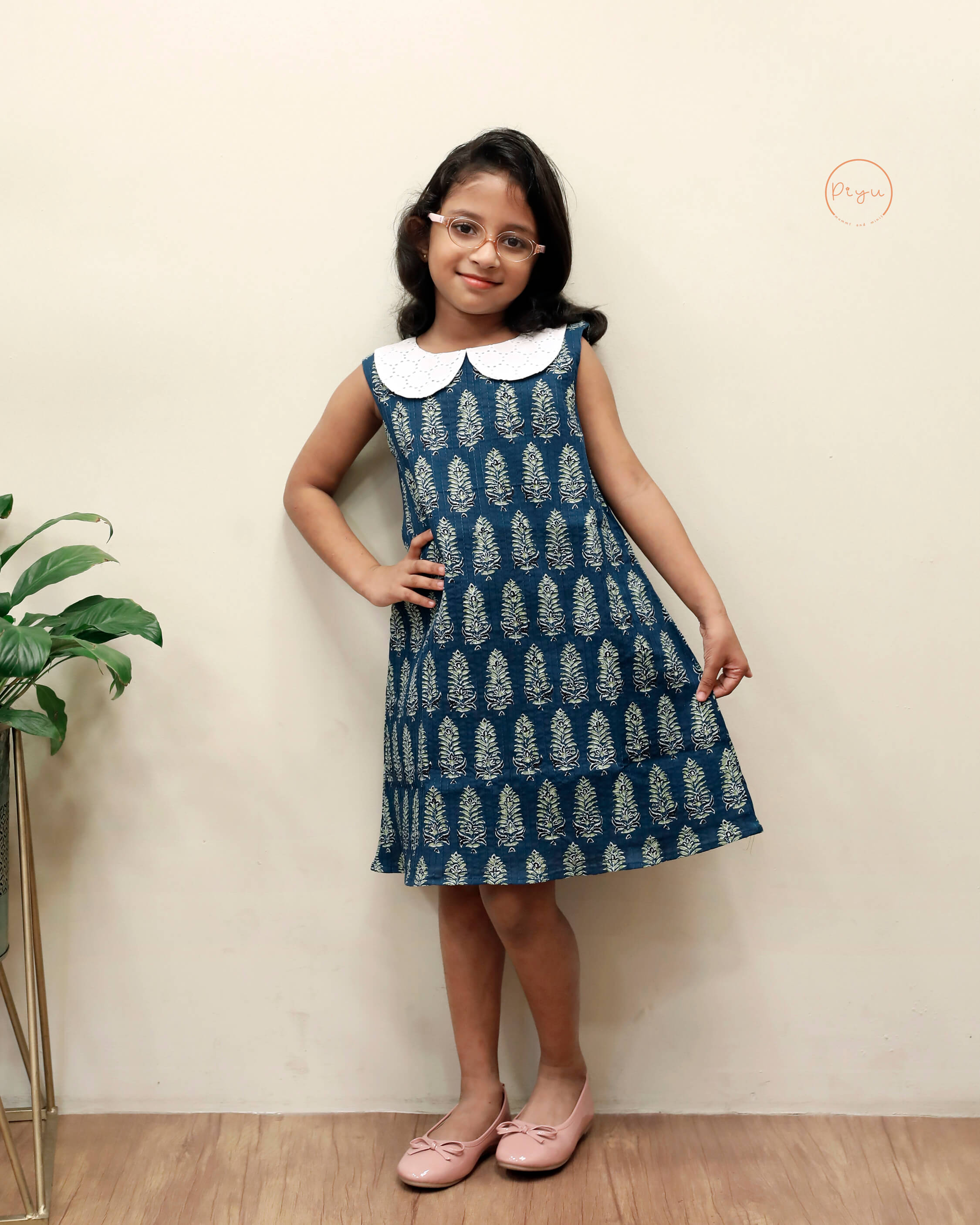 Cotton A-Line Dress: Ajrakh Print & Rose Embroidery-Blue