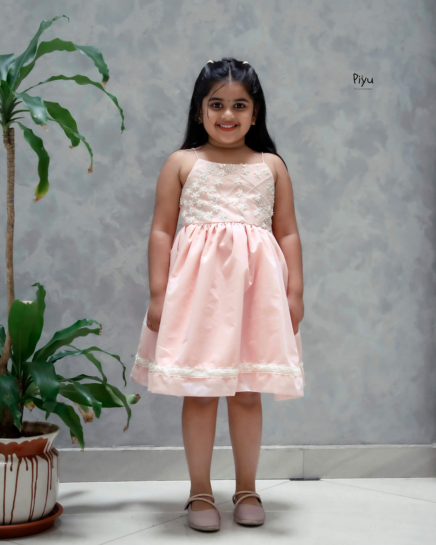 Mul Chanderi Frock: Beaded Net Yoke & Back Bow-Peach.