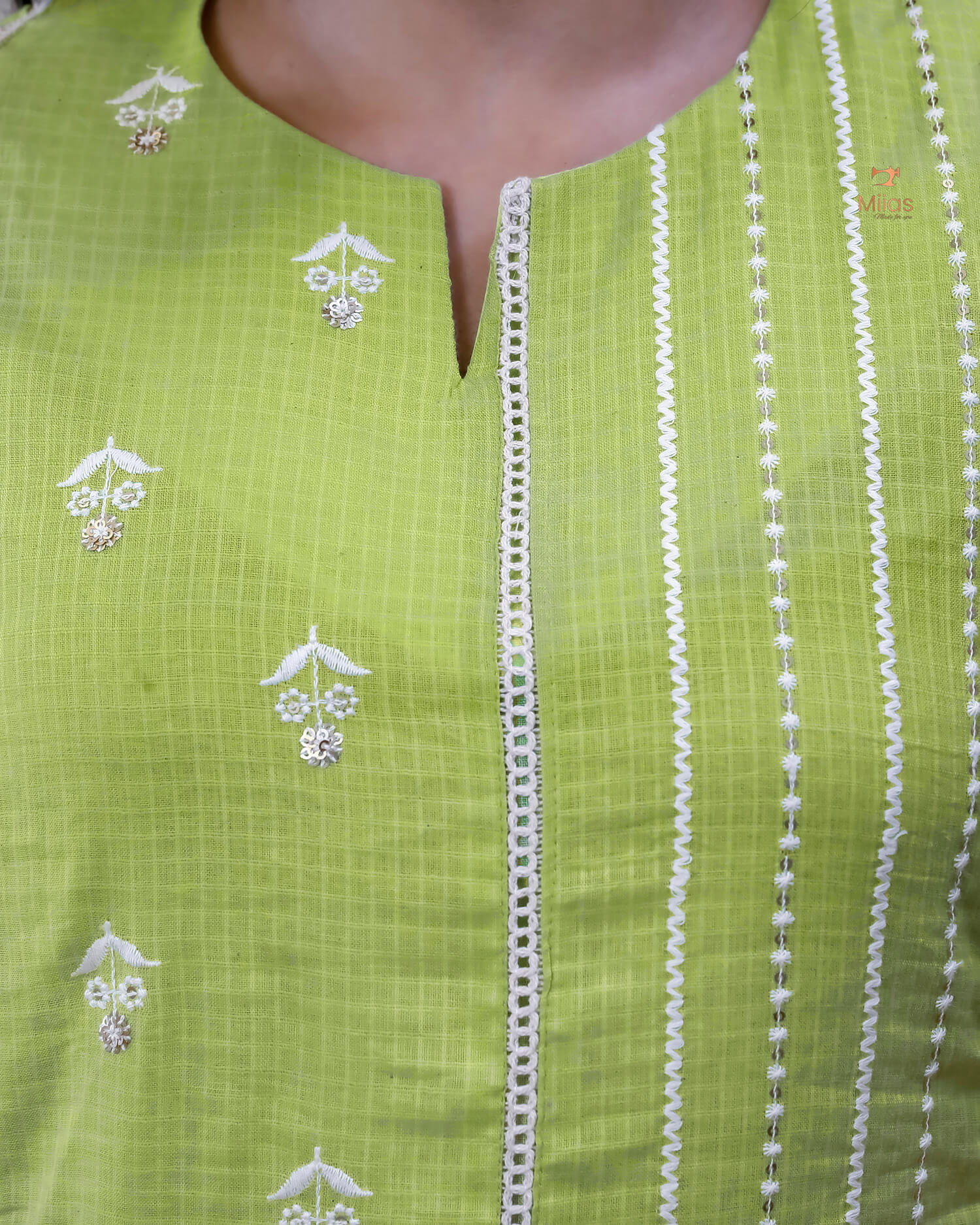 Cotton Kota Ethnic Set: Embroidered Neck, Half-Lace Dupatta-Pastel Green.