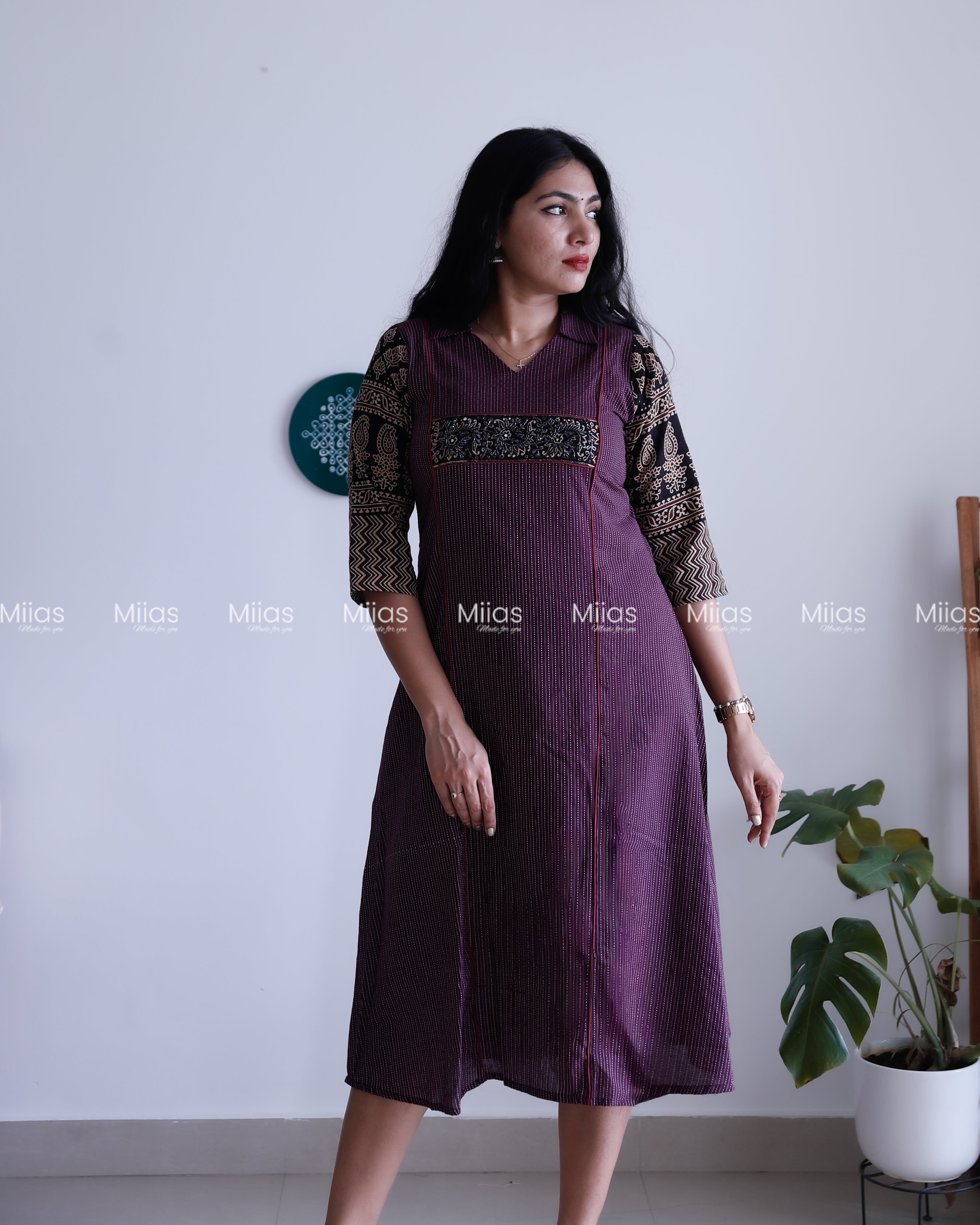 Kantha Cotton 3-Panel Kurti | Ajrakh Borders + Beaded Yoke | Grape