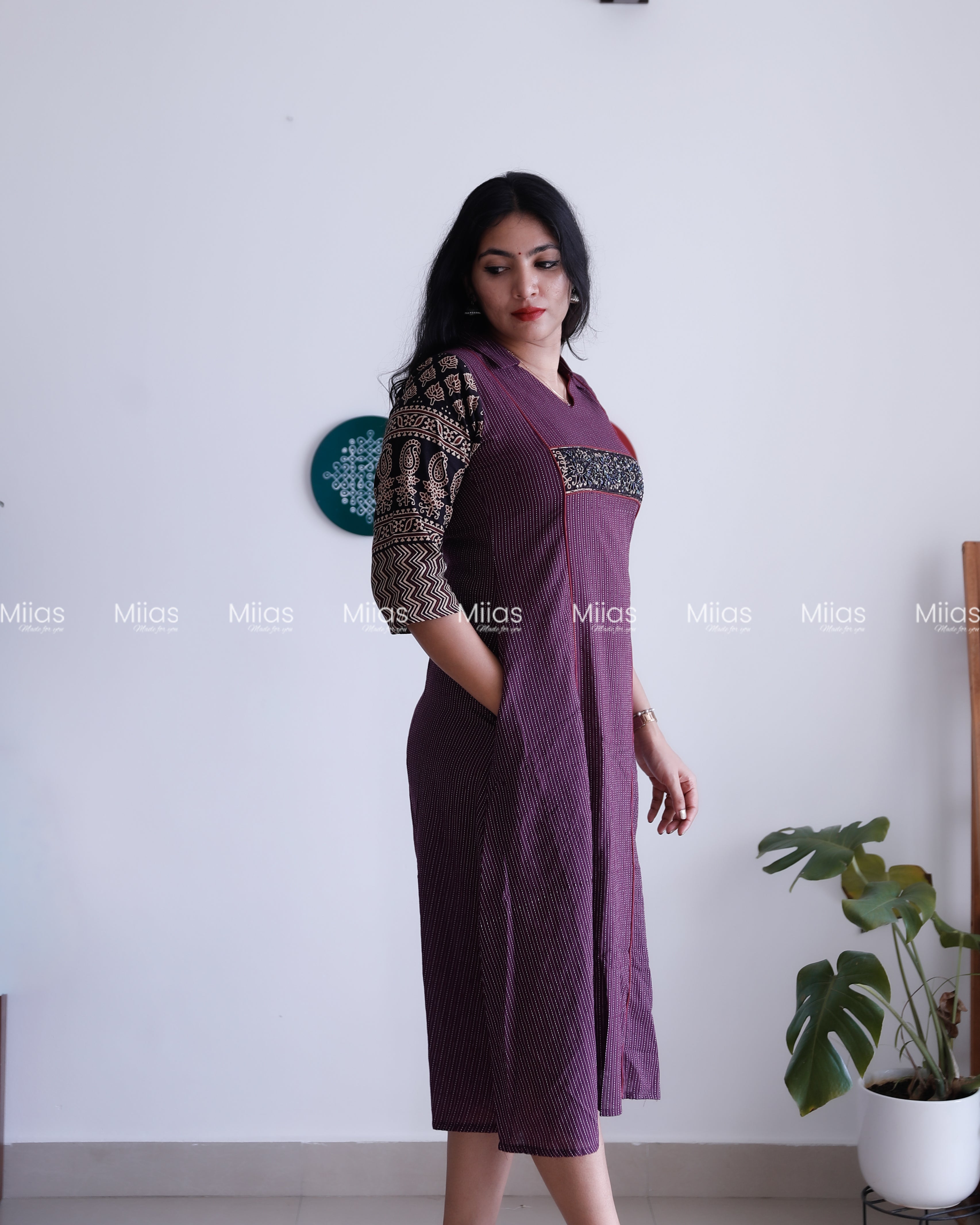 Kantha Cotton 3-Panel Kurti | Ajrakh Borders + Beaded Yoke | Grape