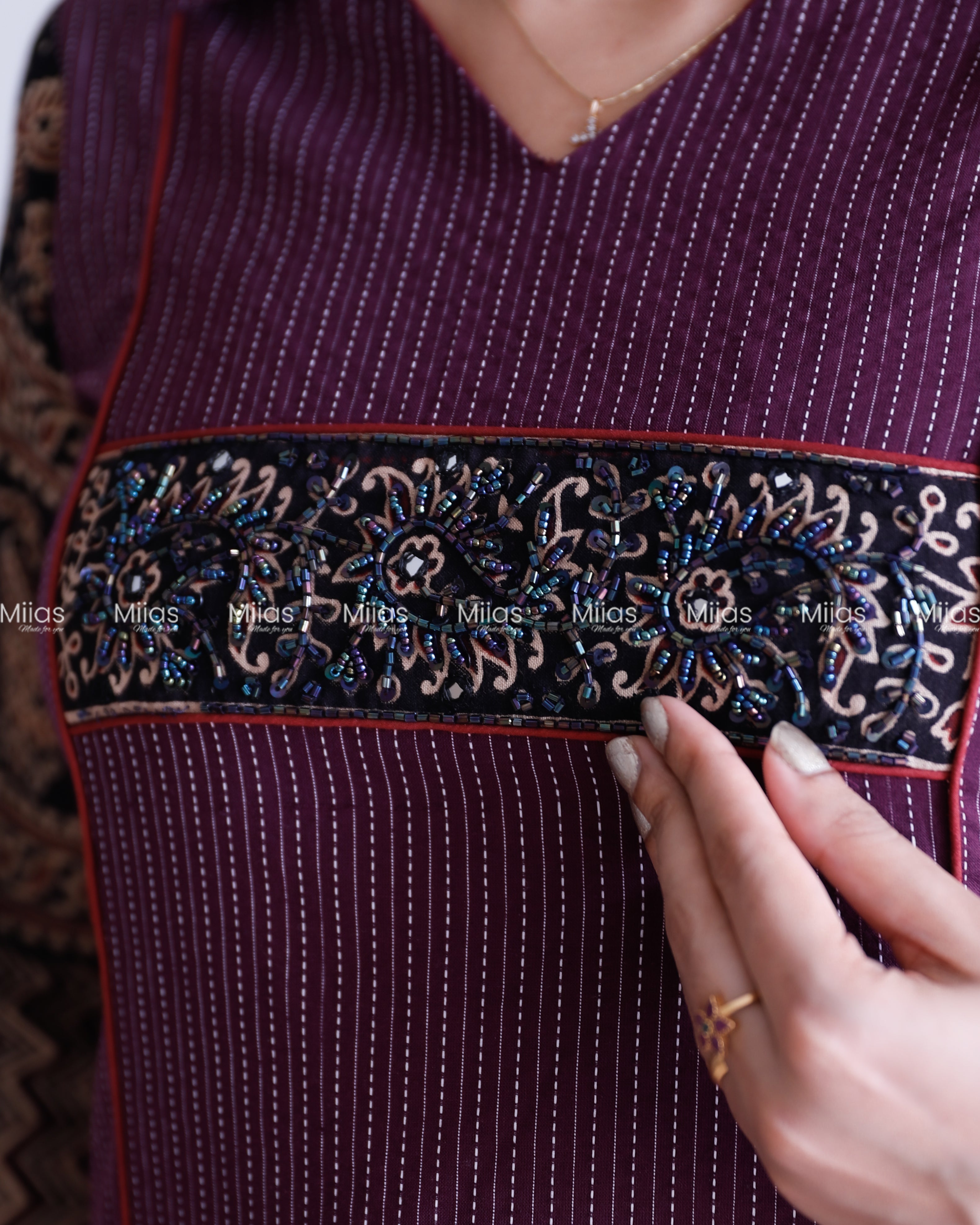 Kantha Cotton 3-Panel Kurti | Ajrakh Borders + Beaded Yoke | Grape