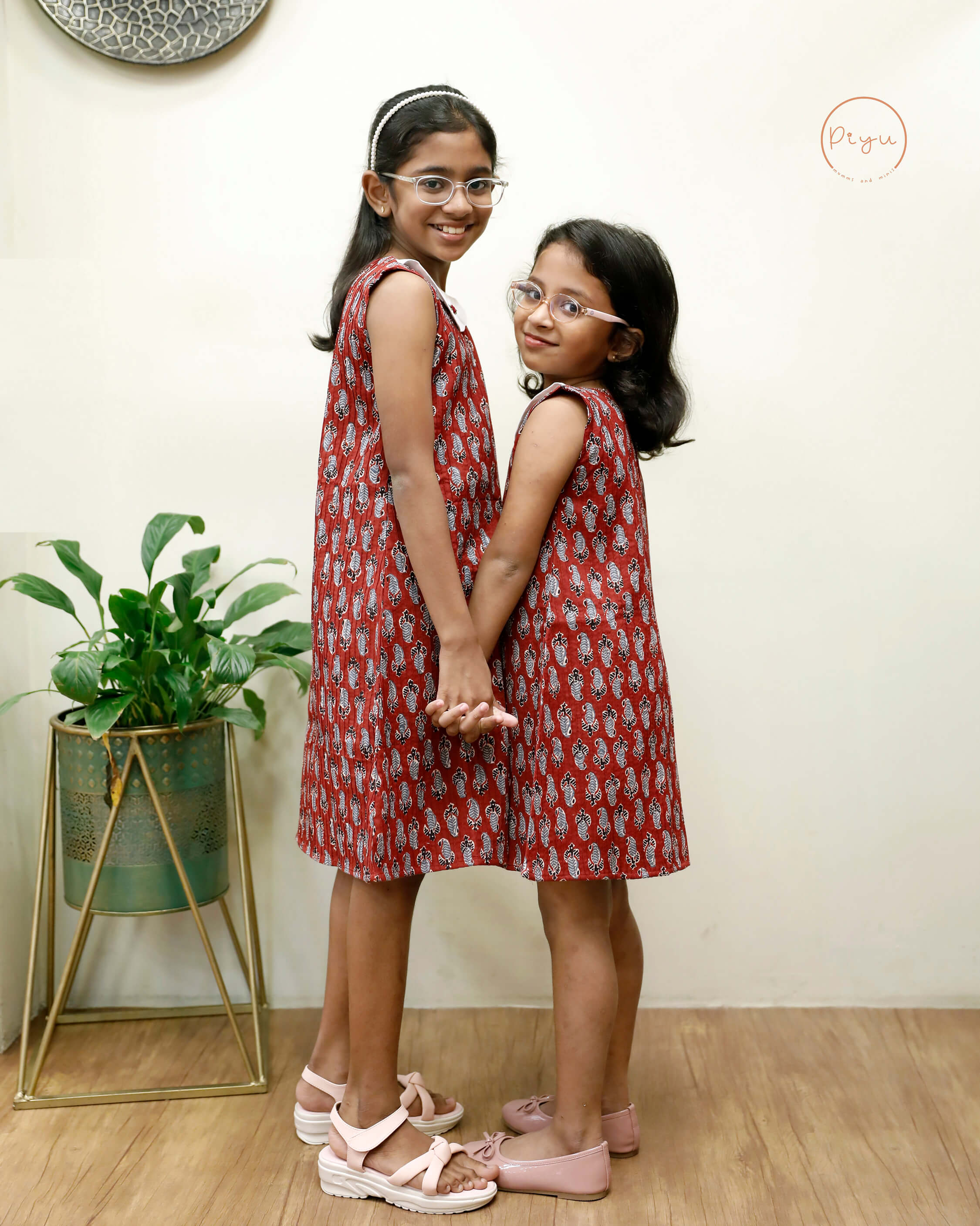 Cotton A-Line Dress: Ajrakh Print & Rose Embroidery-Brick red