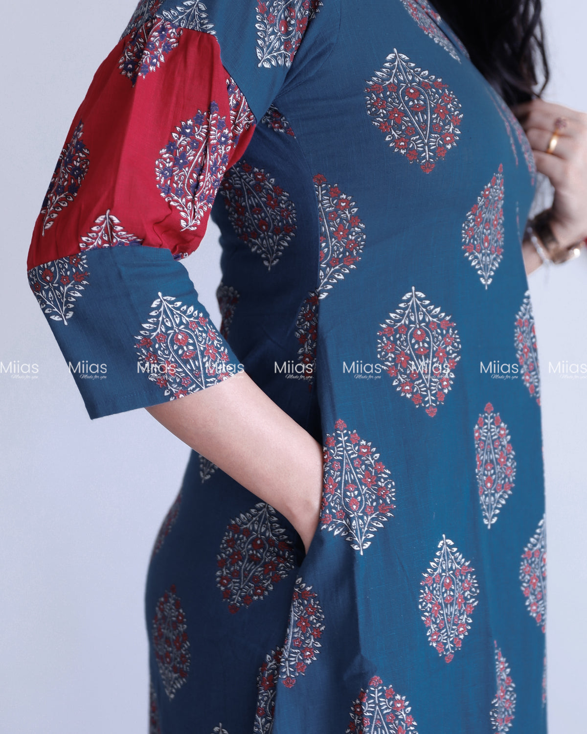 South Cotton Dress Kurti | Folding V-Neck + Red Sleeve Panel | Blue
